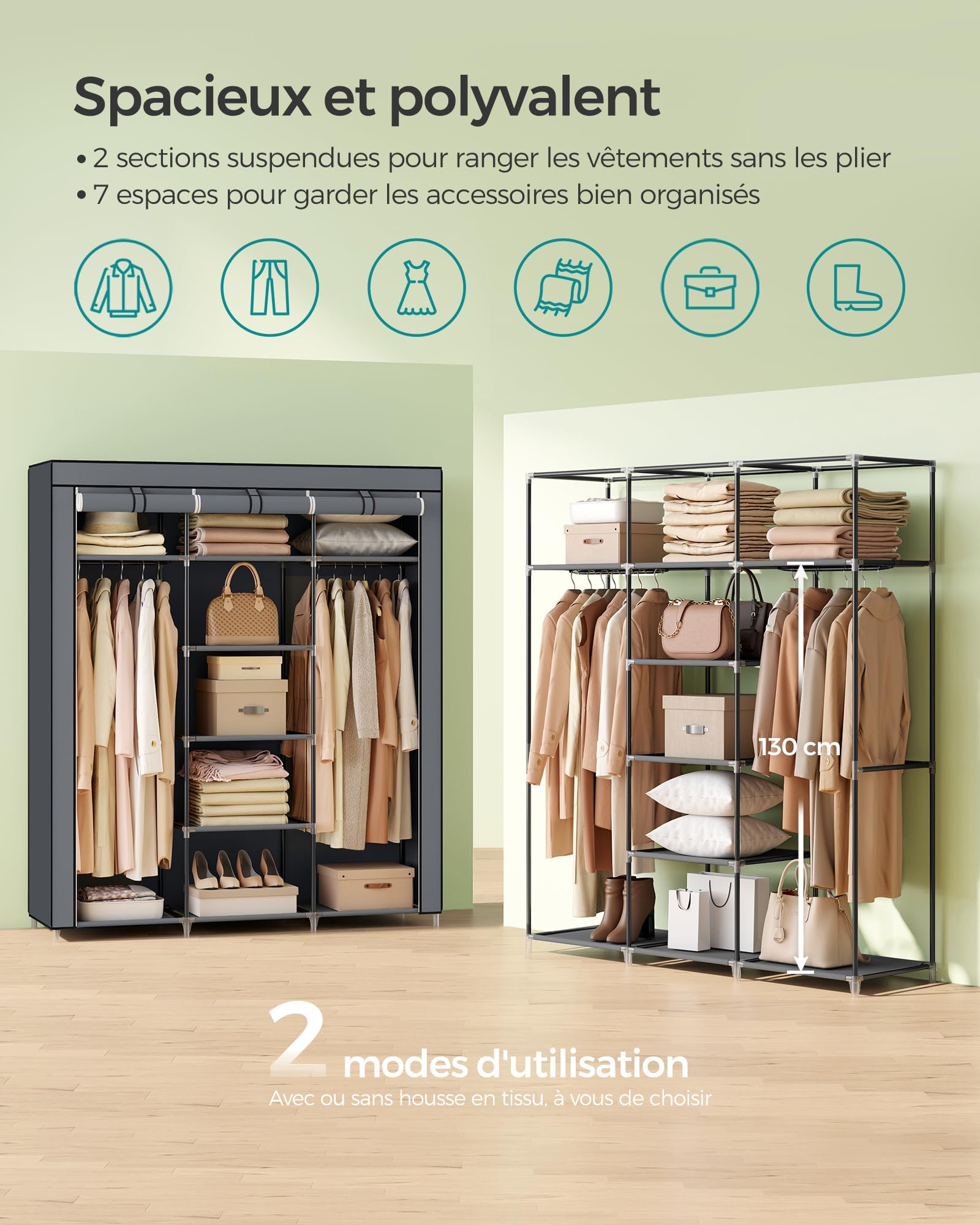 Songmics RYG12G Armoire de rangement en toile Gris 175 x 150 x 45 cm, tissu non tissé 95 g/m², tube métallique de 16 mm, connecteurs en plastique, 150 x 45 x 175 cm (L x W x H)