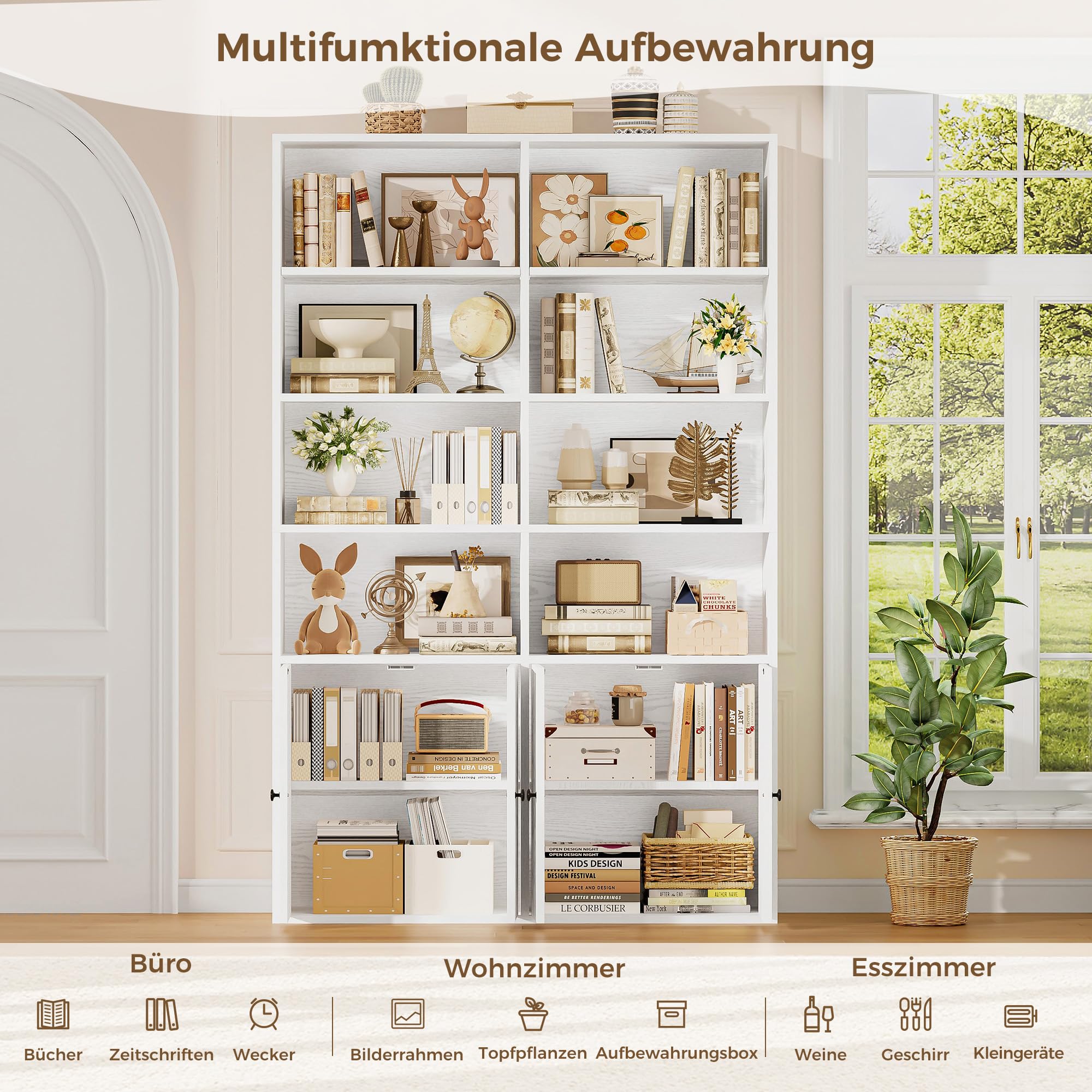 IRONCK Bücherregal mit Türen, Regal Holz mit 6 Ebenen 12 Fächern, Bücherschrank Hochschrank Vitrinenschrank, Einstellbare Regalböden, Standregal für Wohnzimmer Büro Schlafzimmer 108×30×180cm (Weiß)