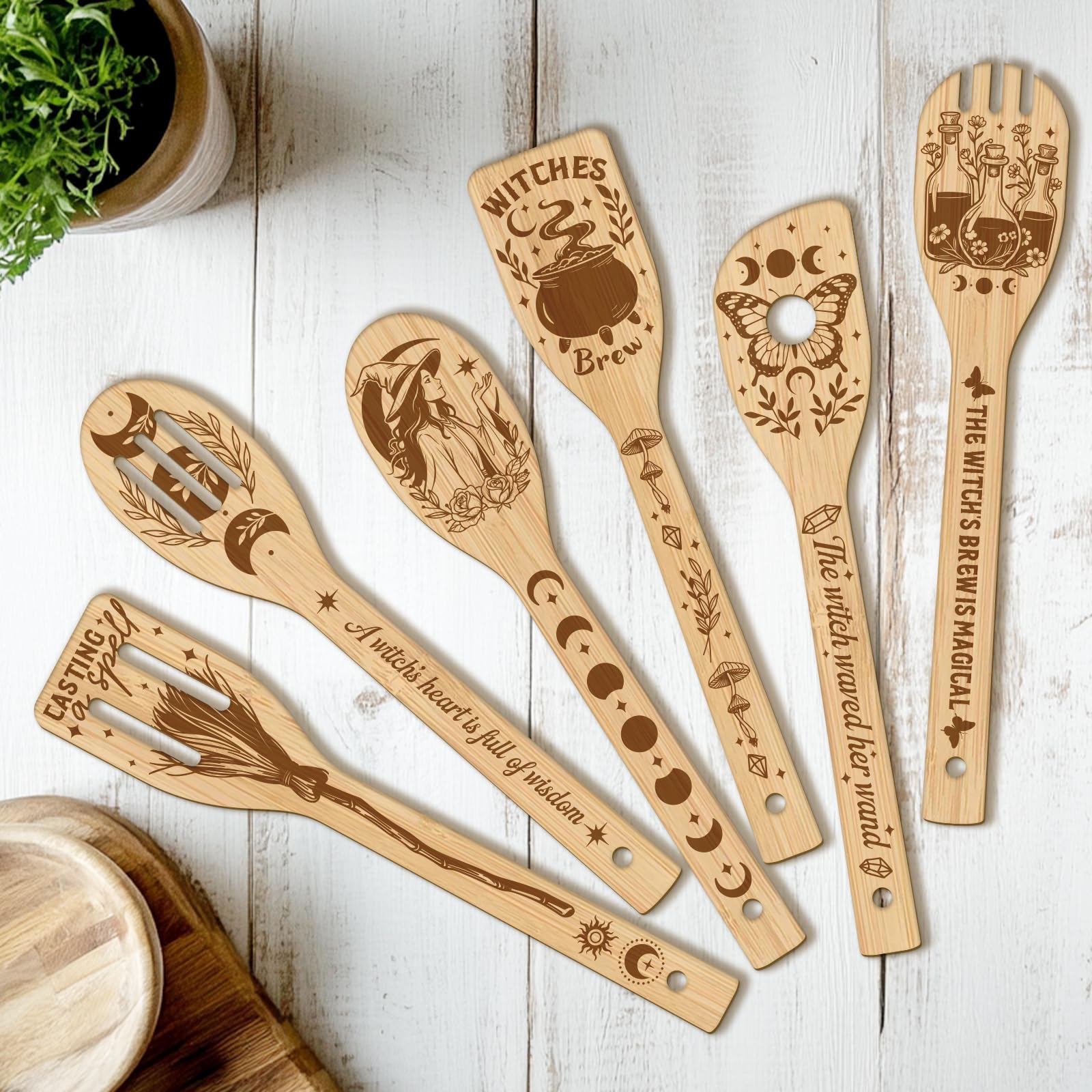 CUTHOLLOW 6PCS Magic Witch Wooden Kitchen Cooking Utensil Set, Non Toxic Wooden Spoon Set for Cooking, Best Mother's Day Housewarming Christmas Birthday Gift for Women Mother