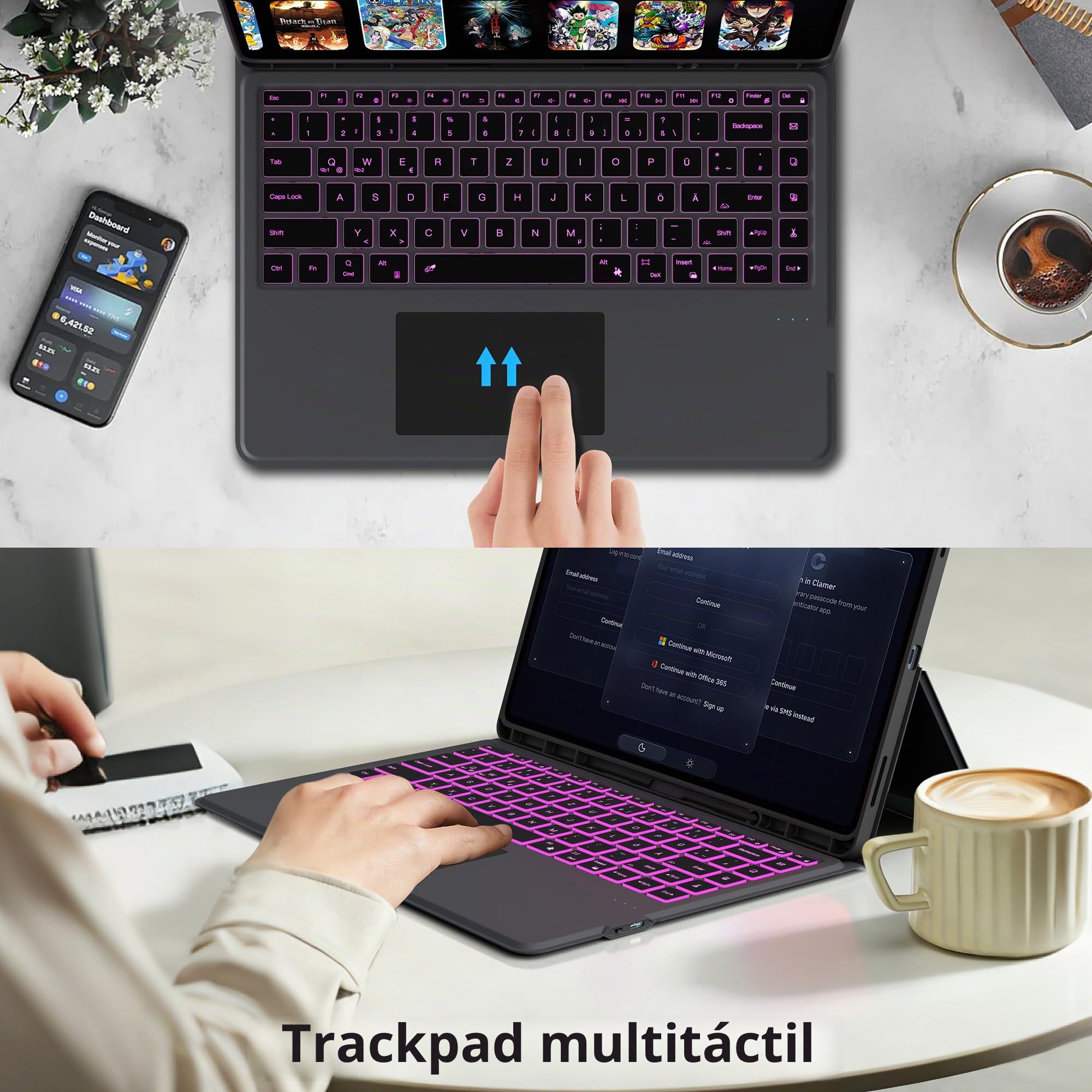 Funda con teclado para Samsung Galaxy Tab S11 Ultra/S10 Ultra/S9 Ultra/S8 Ultra de 14,6 pulgadas con teclado - 7 colores iluminados Folio Tablet Cover con panel táctil -Teclado QWERTZ alemán con