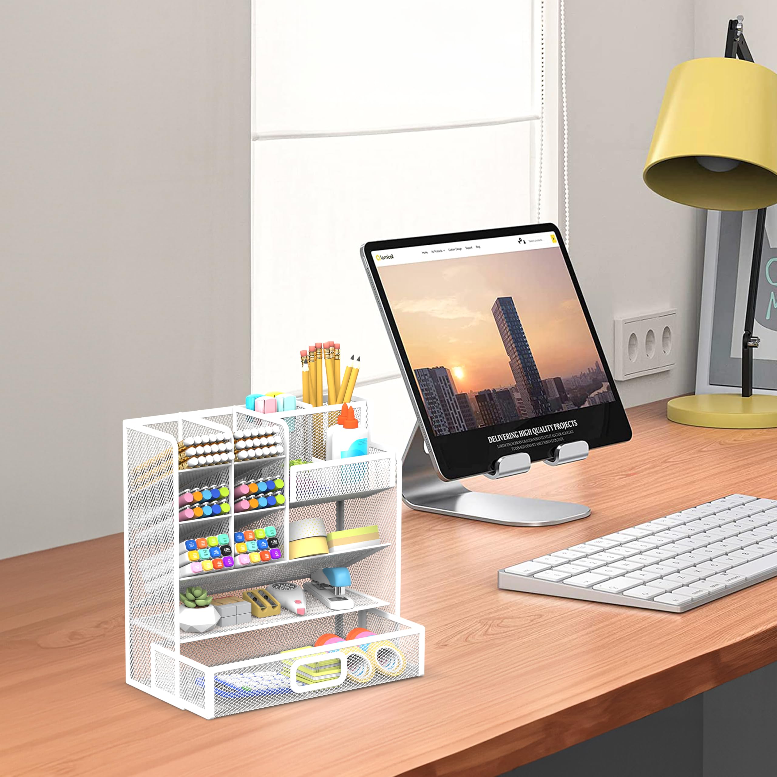 SUPEASY Mesh Stift Halter für Schreibtisch, verbesserte Schreibtisch Organizer mit Schublade, vielseitige Stift Organizer, Schreibtisch Organizer und Zubehör für Büro und Kunst Zubehör (Weiß)