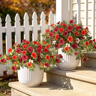 Ammyoo Artificial Fall Flowers Fake Petunias Plants for Outdoor Decoration | 4 Pcs UV Resistant Faux Silk Flowers No Fade Floral for Autumn Garden Balcony Yard Porch Realistic Indoor Decor No watering