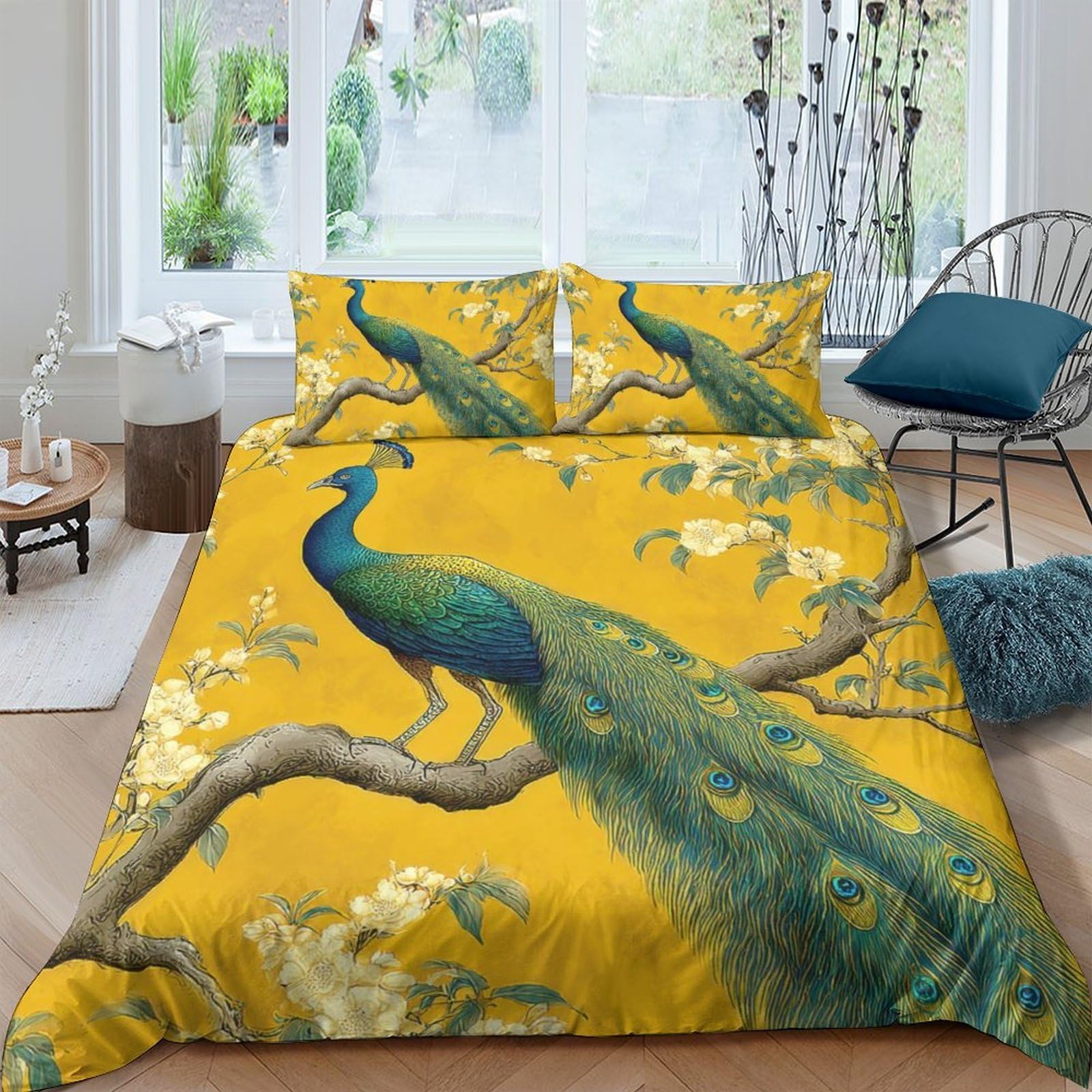 Ctjqhvkz Style-3 3D Printed Peacock Branch Fitted Sheet Microfiber Yellow Bed Cover For Bedroom Guest Room Decor Mattress Protection Single（135X200cm）
