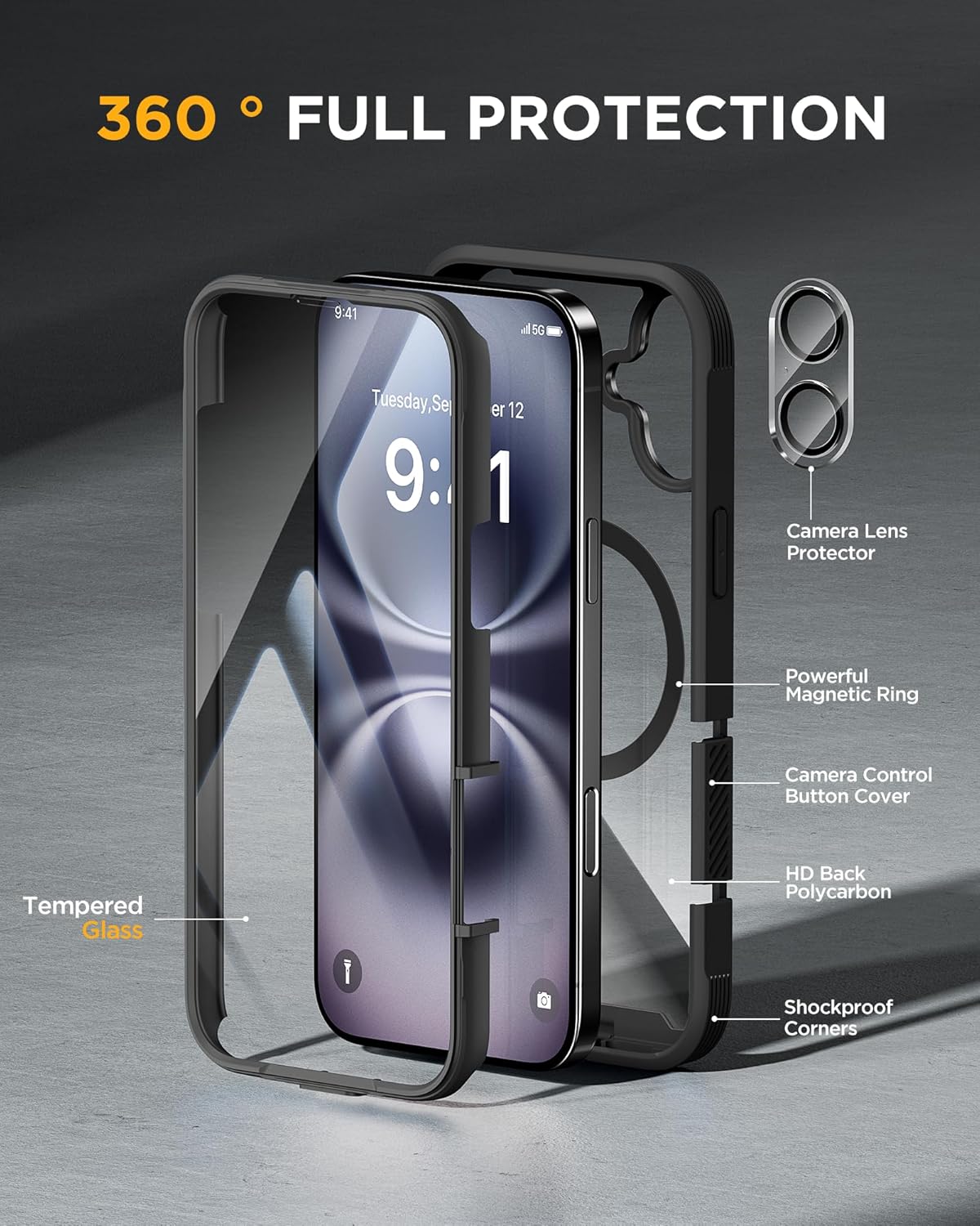 Miracase Magnetic for iPhone 16 Plus Case Full-Body Phone with Built-in Glass Screen Protector, [Compatible with MagSafe] Military Drop Proof 16 Plus Cover Bumper 6.7 inch, Black - Image 3