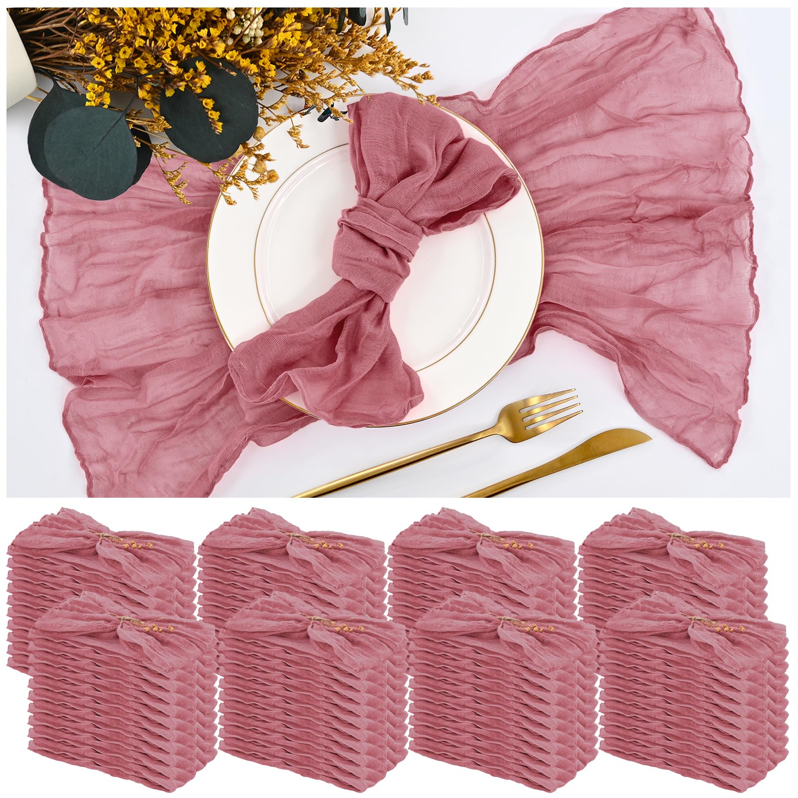 84 Packs Gauze Cheesecloth Napkins 20 x 20 Inch Dusty Rose Wrinkled Dinner Napkins, Dark Pink Rustic Boho Napkins Soft Cotton Cloth Napkins for Wedding Party Event Dinner Table Decoration