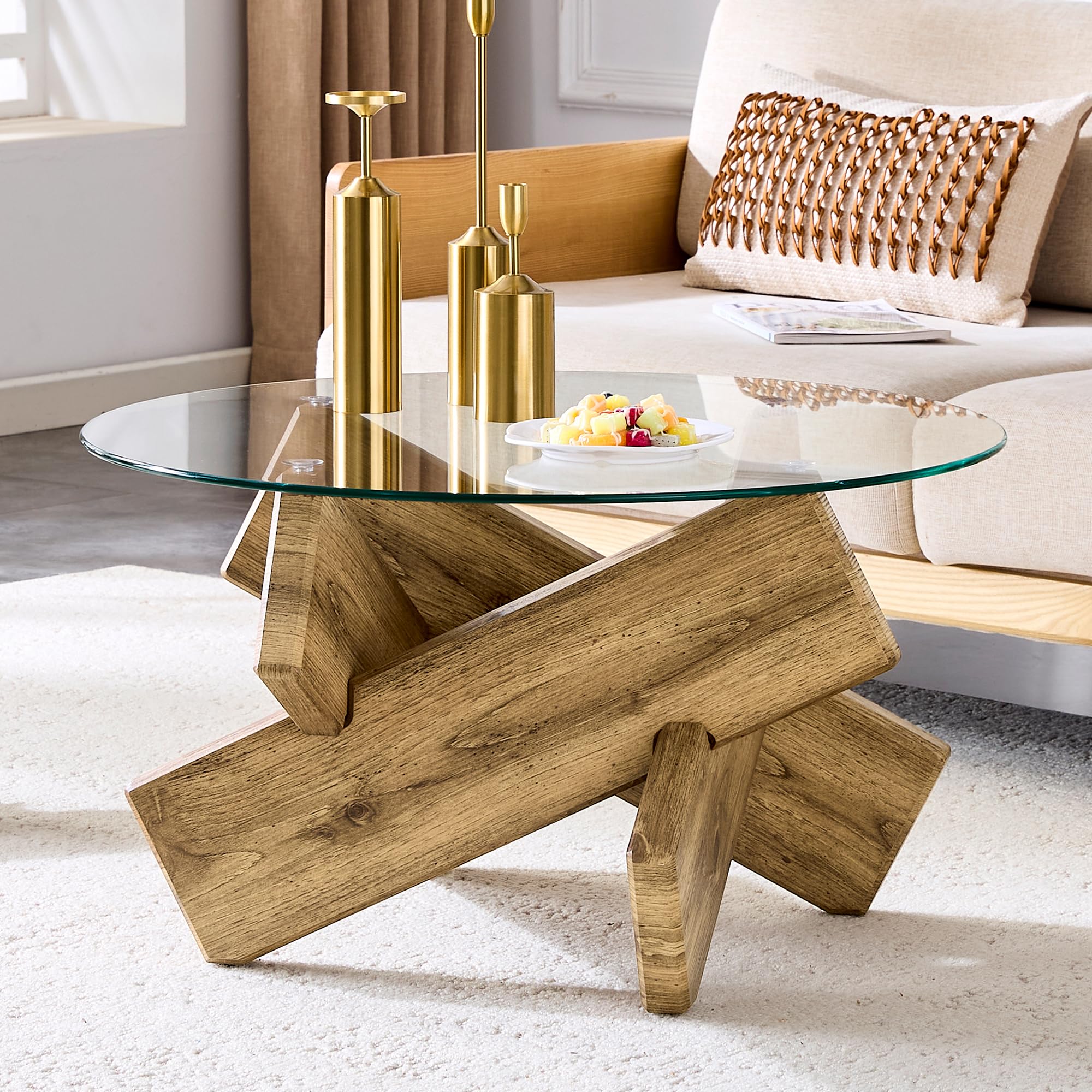 Runder Couchtisch, Couchtisch Glas, Wohnzimmertisch, Sofatisch, Kaffeetisch, Kreativer Kreuz Holzrahmen, 0.8cm Dicke Gehärtete Glasoberfläche, Leicht zu Reinigen, 79×79×45cm (Holzfarbe)