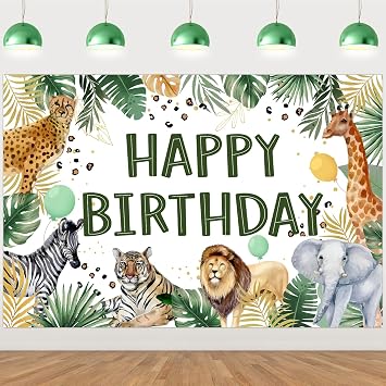Jungle Animal Happy Birthday Backdrop Banner 5 * 3ft Green Jungle Animal Birthday Party Decor Boy Safari Happy Bday Supplies for Indoor Outdoor Wild Theme Wall Decor Zoo 1st 2nd 3rd Bash