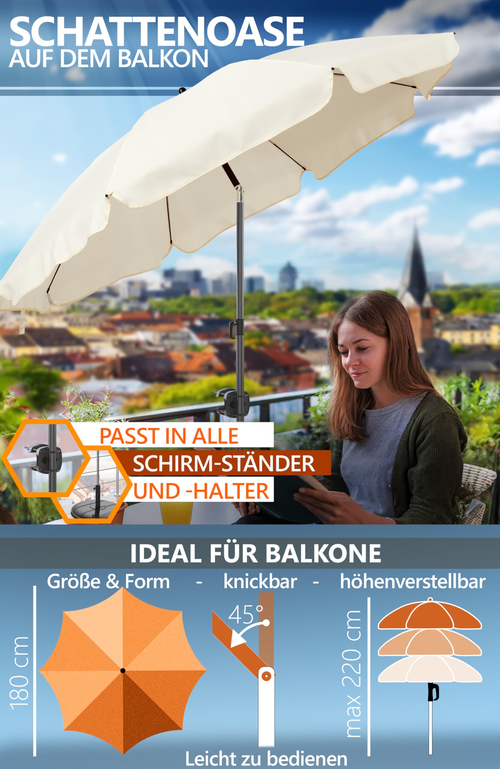 4smile Sonnenschirm Balkon Ø 180cm, Beige - Sonnenschirm Strand mit Hülle - Balkonschirm mit Knickfunktion, UPF 50+ Gartenschirm, Strandschirm windfest stabil SunnyJoy