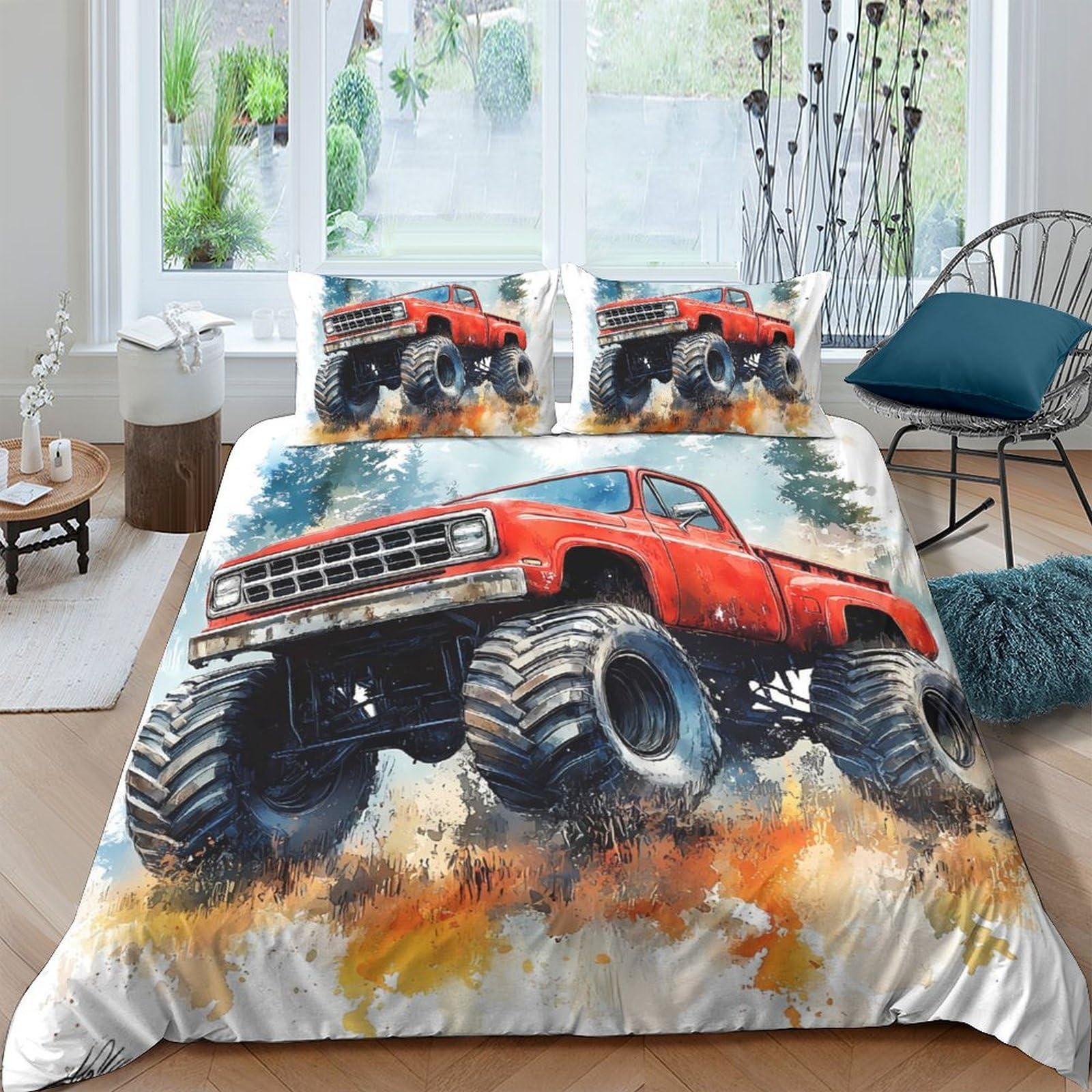 GPLZQXKJNH 3D Printed Monster Truck Duvet Cover Microfiber Red Off-Road Car Bedding Set with 2 Pillowcases for Bedroom Decor Single（135x200cm）