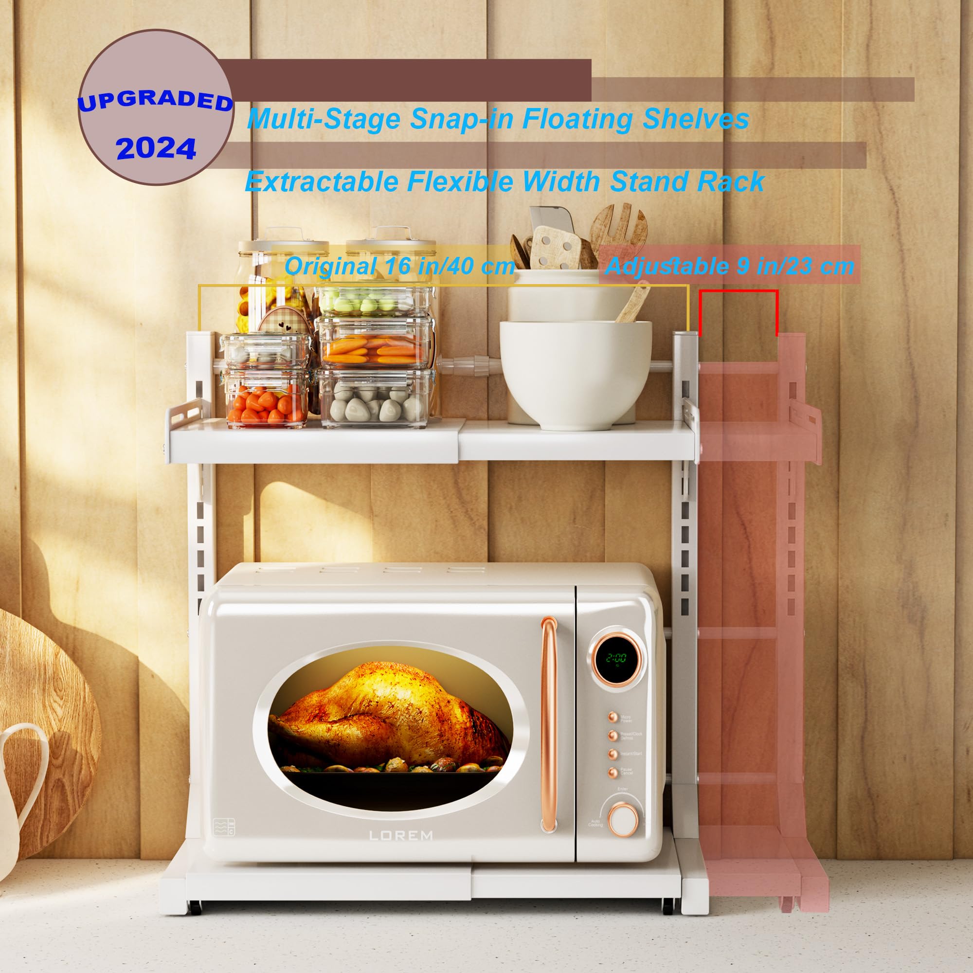 ABCOOL Rack retrattile per forno a microonde estraibile a scatto per cucina, panettiere, organizer portaoggetti 2 assiali espandibili e regolabili in altezza in acciaio al carbonio piano di lavoro con