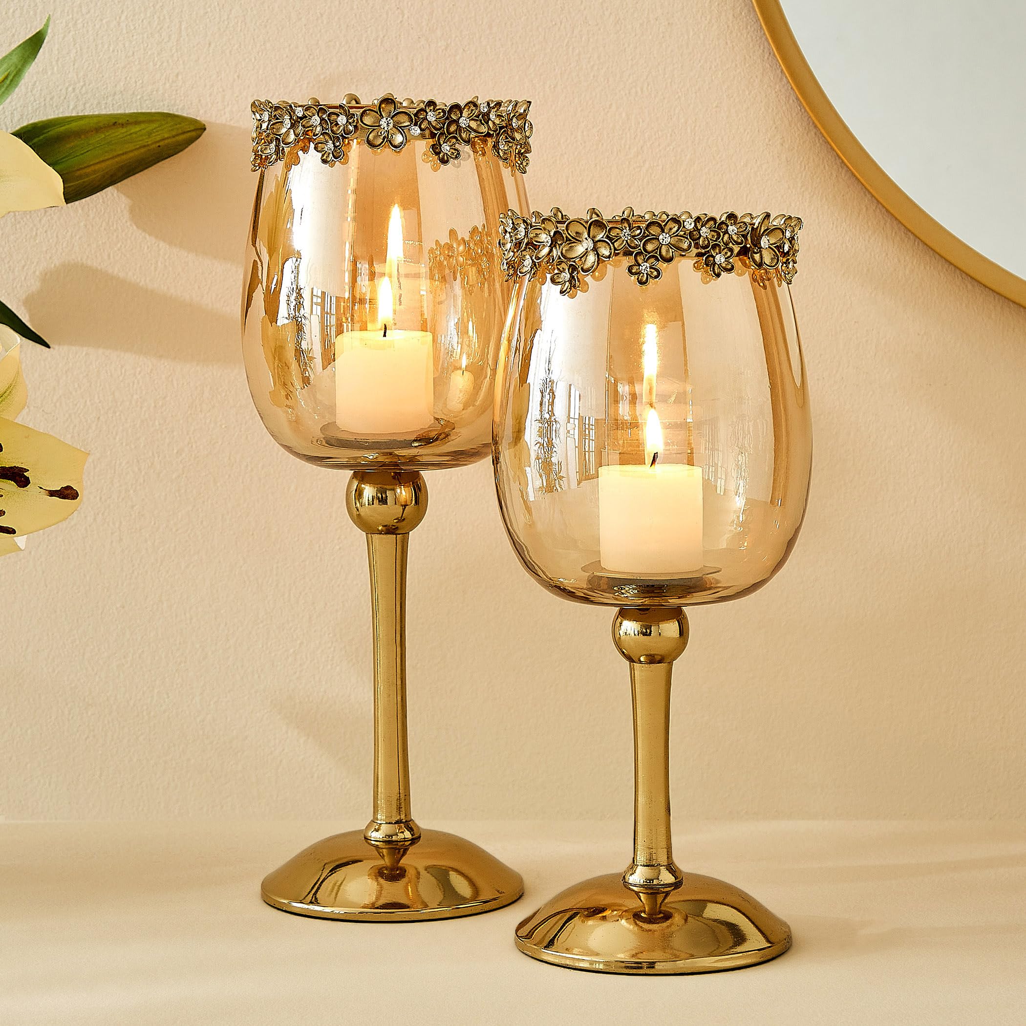 Home Centre Fables Hana Set of 2 Floral Pedestal Candle Holders-image-17