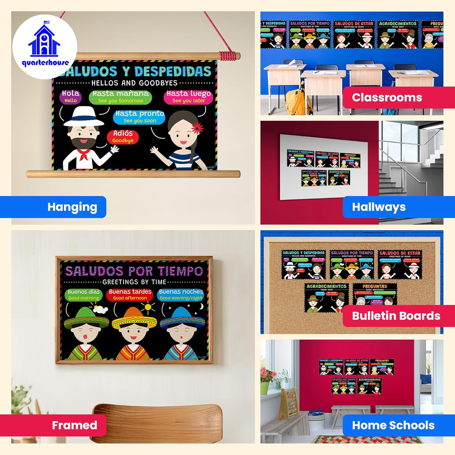 Quarterhouse 5 Poster Spanish Greetings and Sayings Set, Spanish Classroom Learning Materials for Pre-K and K-12 Students and Teachers, 12 x 18 Inches, Made in USA