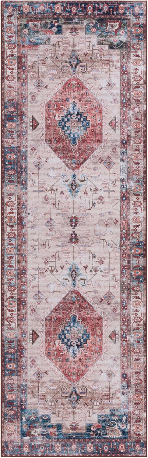 SAFAVIEH Washable Rug Tucson Collection - 2'6" x 8' Runner, Beige & Rust, Slip Resistant & Easy to Clean, Ideal for Hallway, Foyer, Entryway, Bedroom (TSN155B)