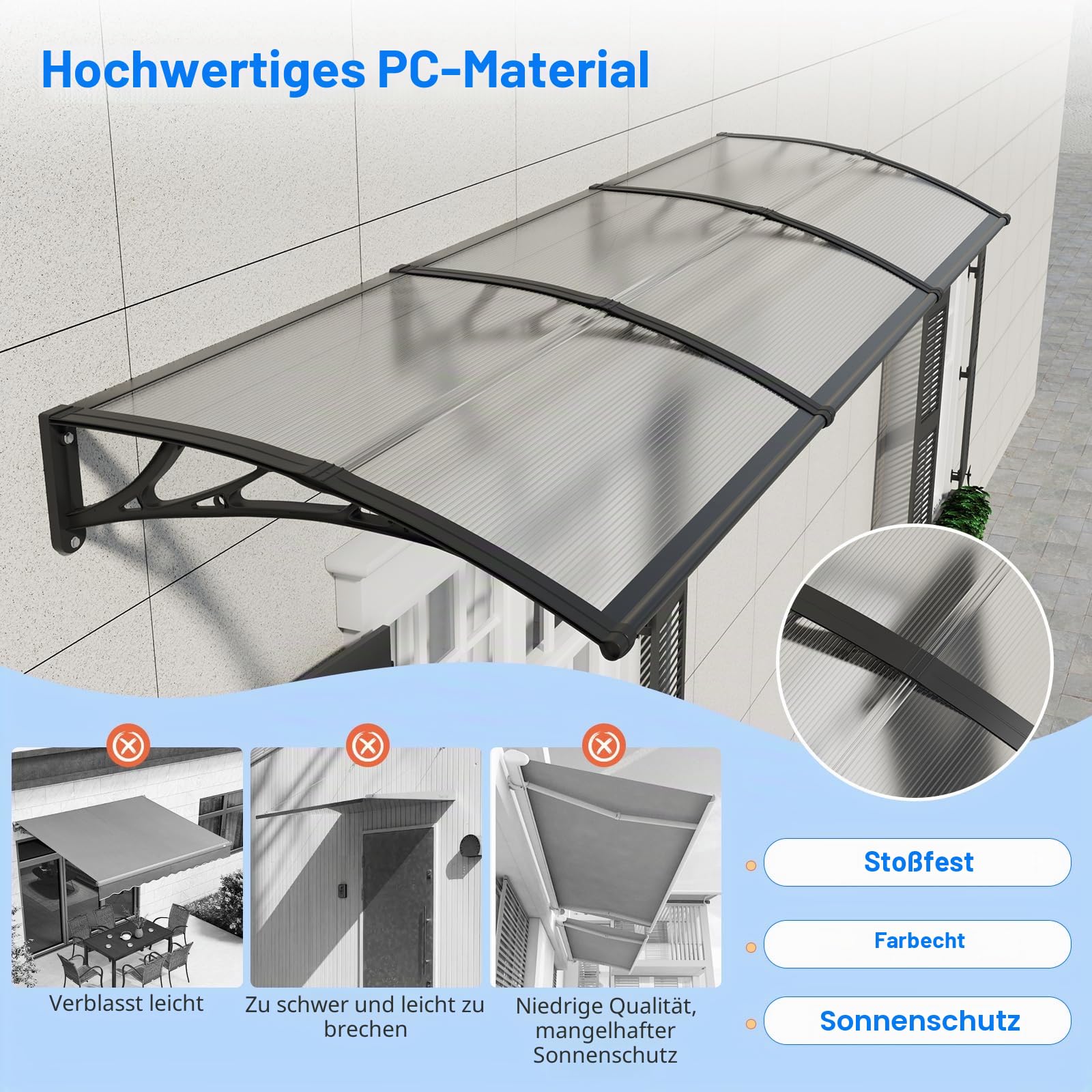 Vordach für Haustür,200x100cm Fenstervordach für Türen,Polycarbonat Pultvordach Überdachung für UV-,Regen- und Schneeschutz – Ideal für Veranda, Terrasse und Fenster