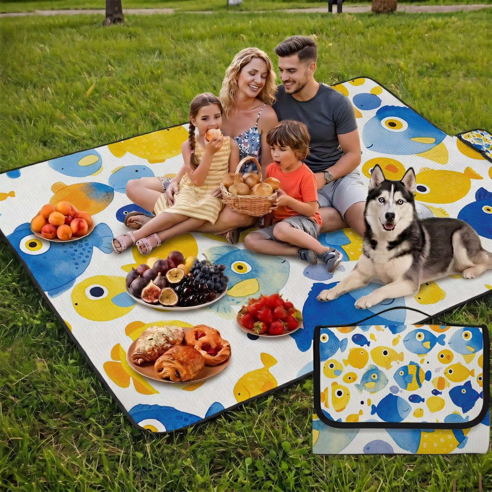 Coperta de Picnic 150x200 cm, Carino Manta Picnic Impermeable Anti-Sabbia Manta de Playa Pieghevole, Outdoor Picnic Blanket per Spiaggia, Camping, Giardino, Trekking - pesce FZ-128