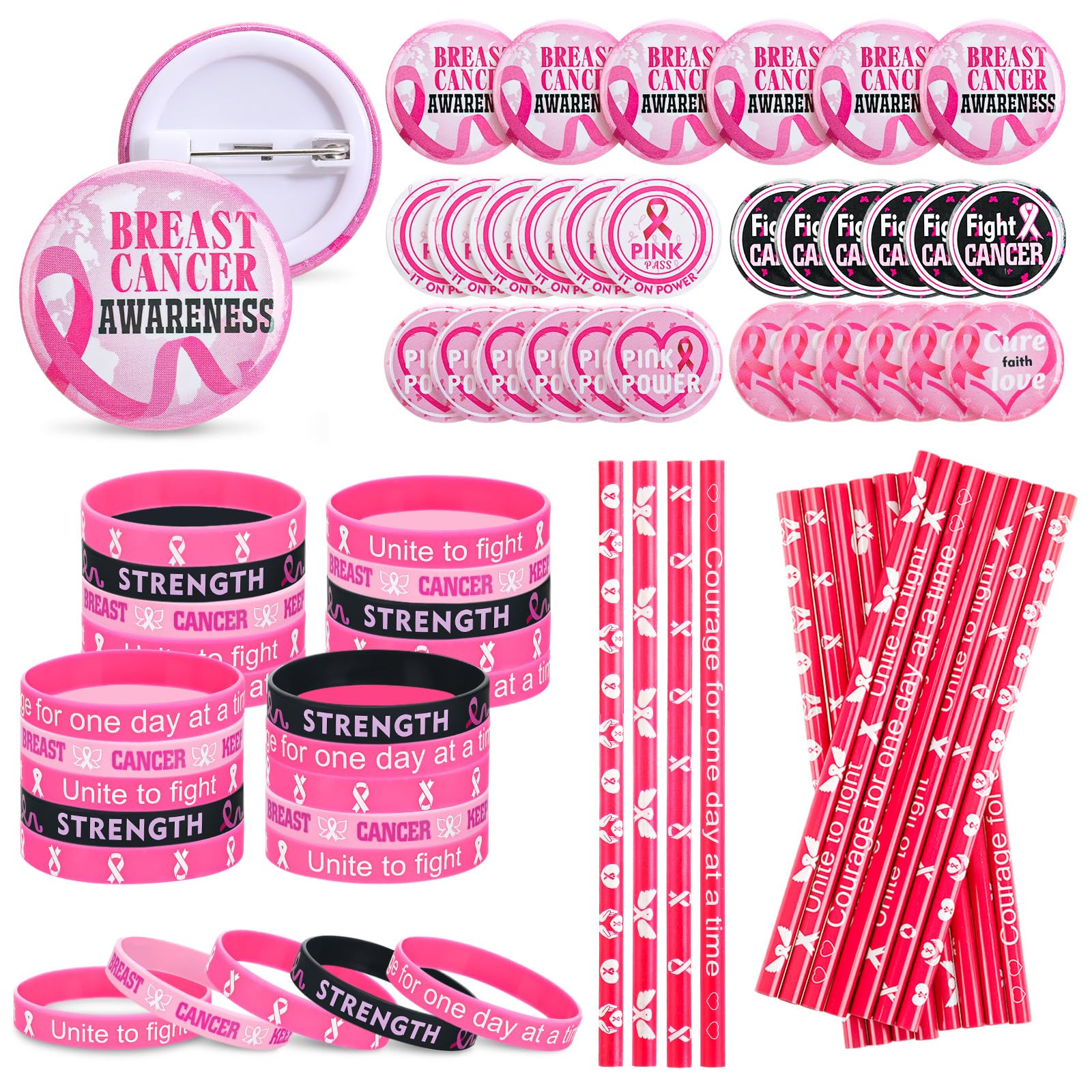 90 Pcs Breast Cancer Awareness Party Favors, Bracelets Button Pins Pencils