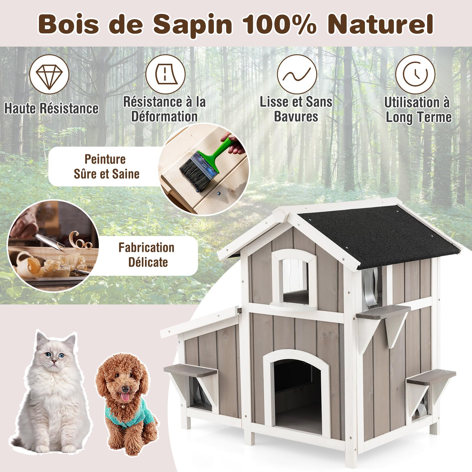 COSTWAY Niche pour Chat en Bois 2 Étage, 3 Compartiments avec Toit en Asphalte, Rideaux PVC, 6 Portes - Maison Exterieur/Interieur pour Lapin Chiot - 100 x 64 x 82,5 cm
