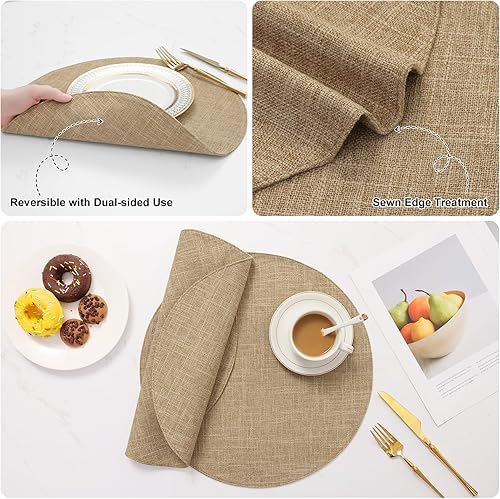Miniatura 7 de homing Juego de 6 manteles individuales redondos de tela de 15 pulgadas de diámetro, mezcla de lino y algodón, lavables, para interiores y