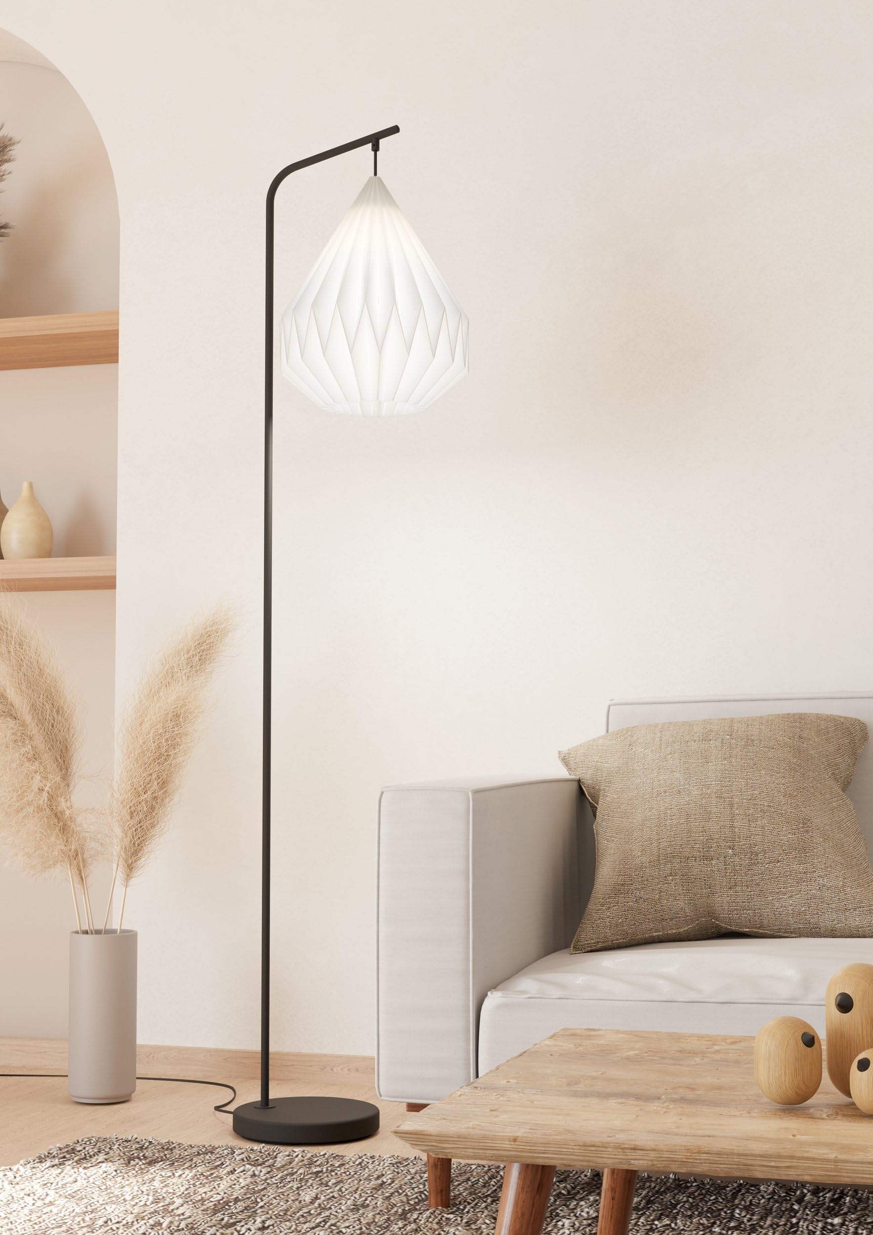 EGLO Lampa podłogowa Minting, oświetlenie do salonu z abażurem origami | metalowa czarna oświetlenie stojąca z białym papierowym kloszem, 158,5 cm
