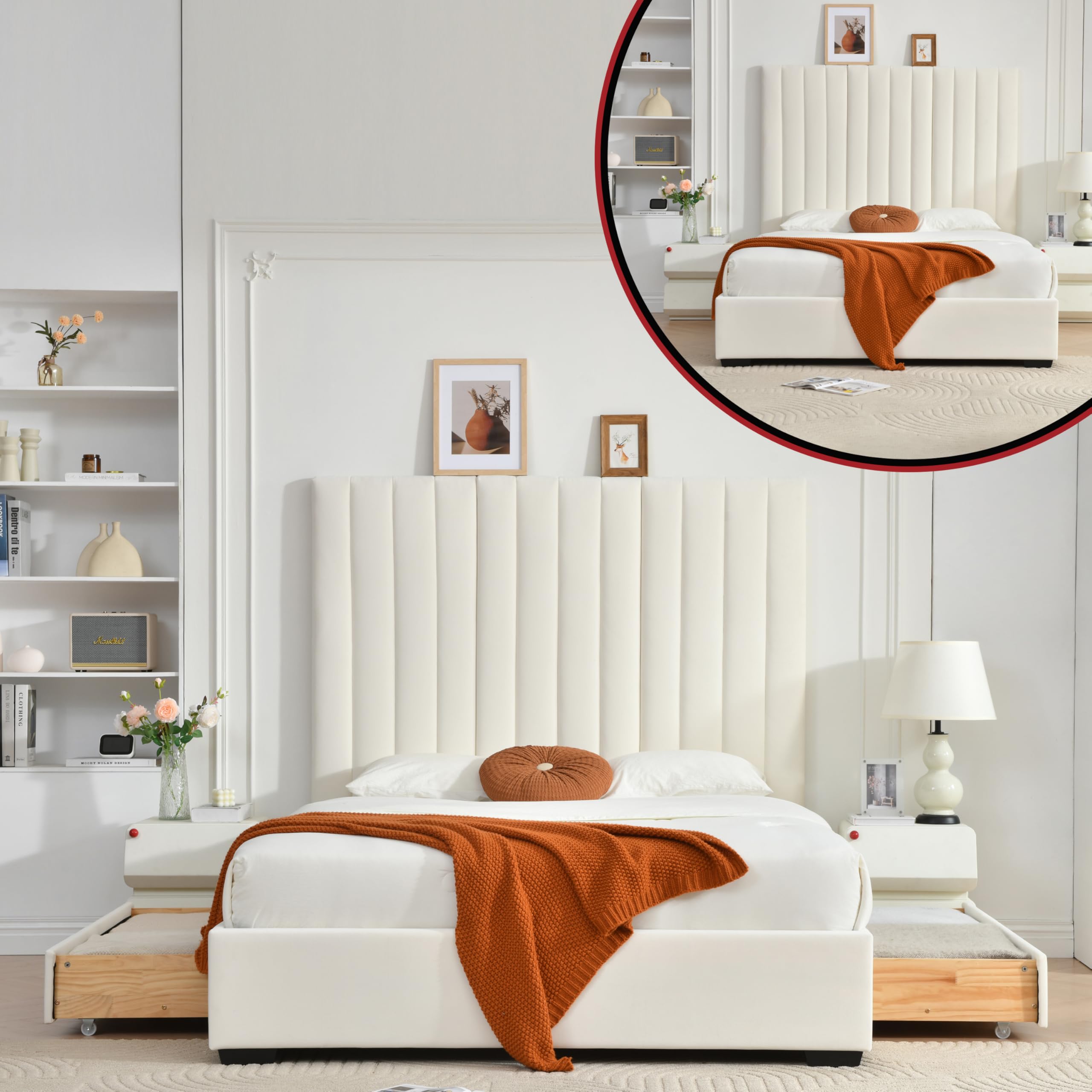 QNZK Queen Size Upholstered Bed Frame 61.42" Tall Headboard, Storage Bed with 2 Large Drawers, Velvet Platform Bed with Vertical Channel Tufted