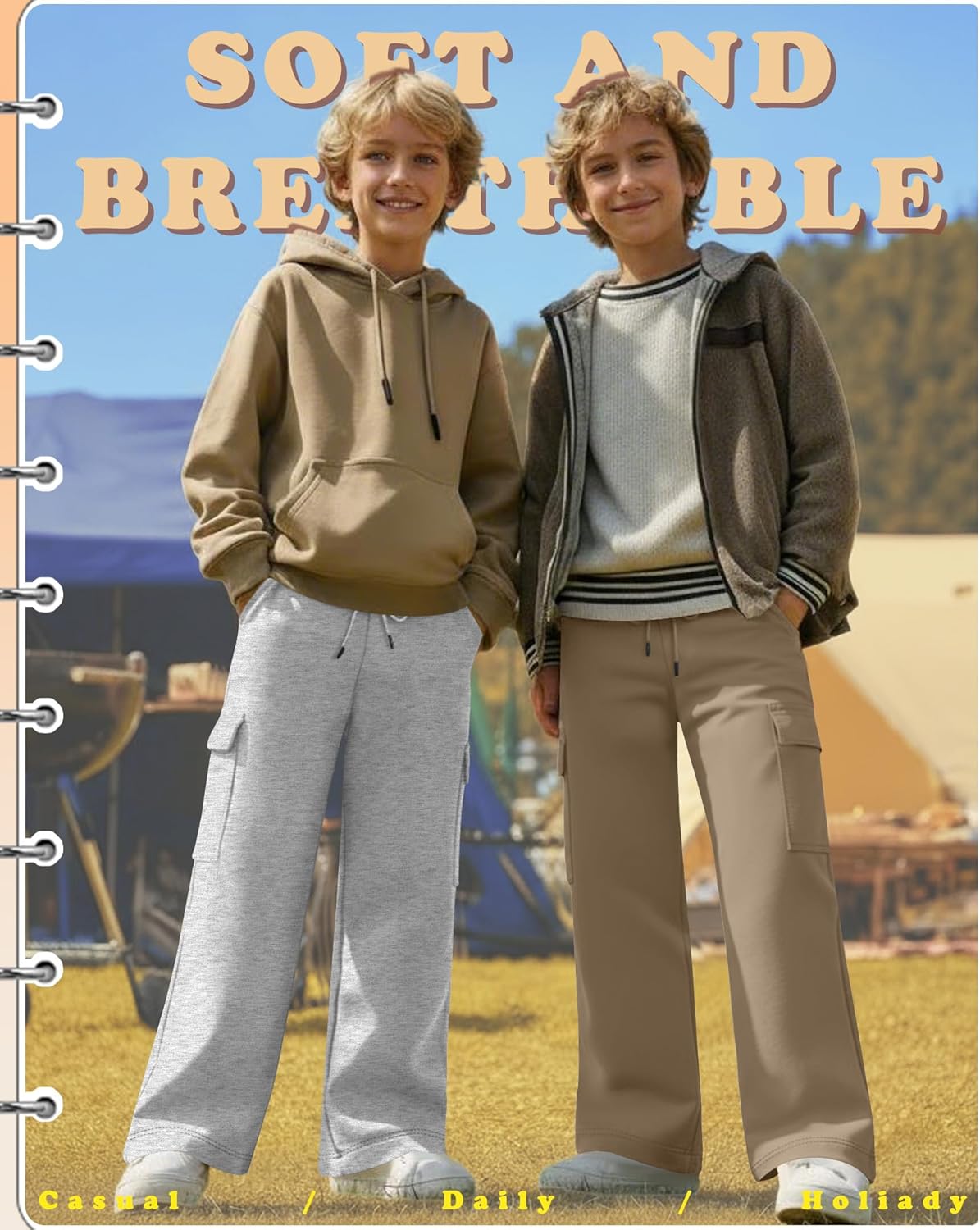 4 Pack Boys' Cargo Sweatpants Elastic Drawstring Open Bottom Active Pants Casual Workout Joggers with 4 Pockets - Image 2