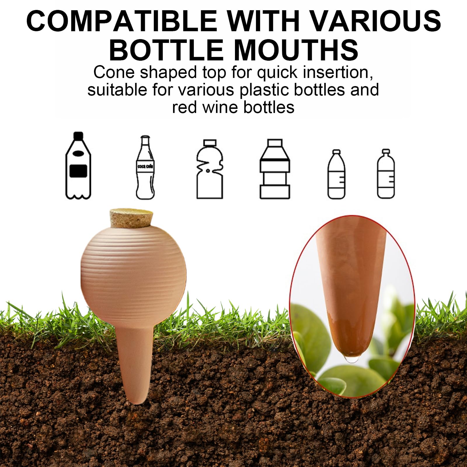 GBKDQQ 4 unidades de riego de conos de arcilla, riego automático de terracota, dispensador de agua de 430 ml con tapón de corcho para plantas de interior, jardineras de balcón