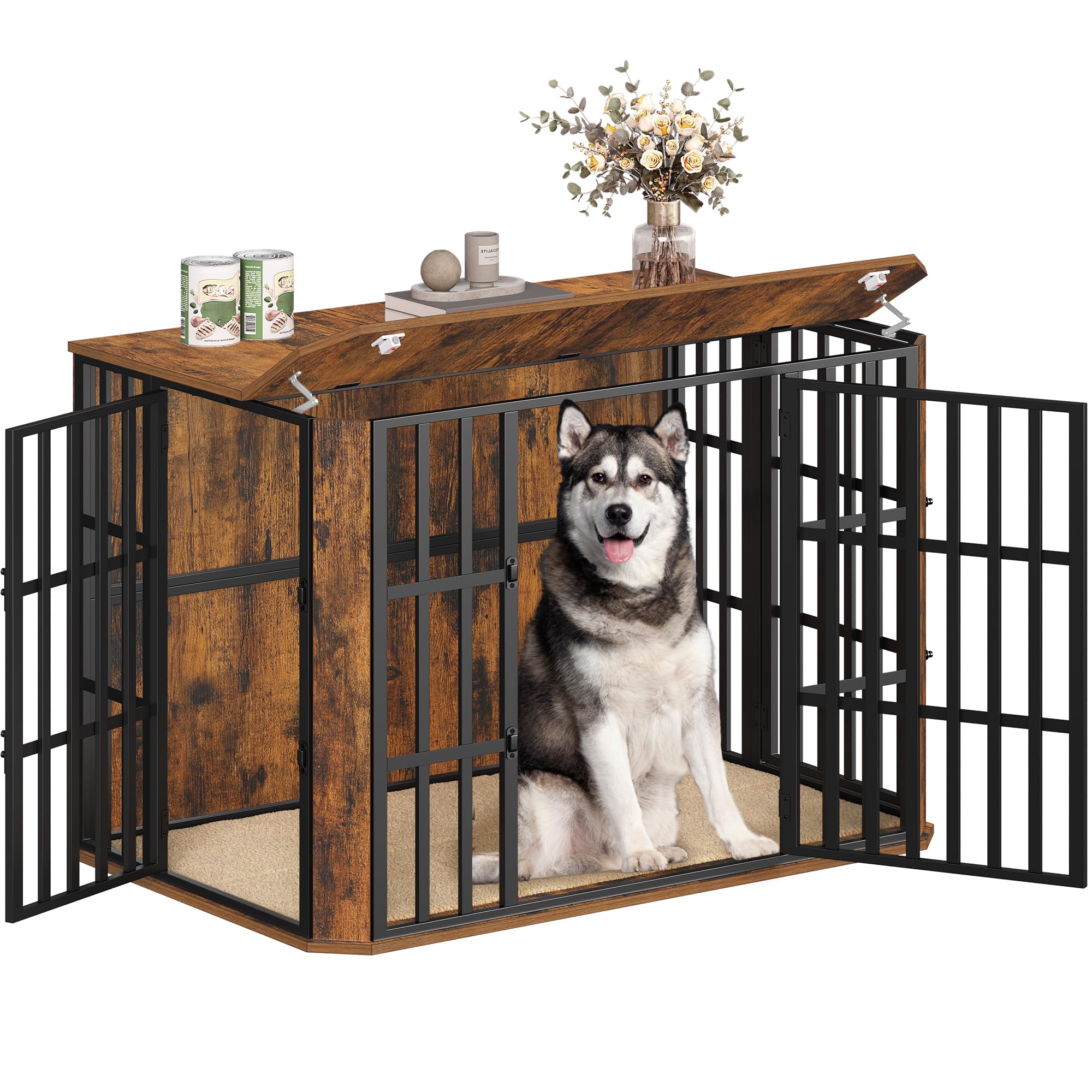 Hzuaneri Jaula para Perros Tipo Mueble, Casa para Mascotas con 3 Puerta, Jaula Madera, 75 x 120 x 81 cm, XXL, Marrón Rústico DFC86801B The Forest Stewardship Council
