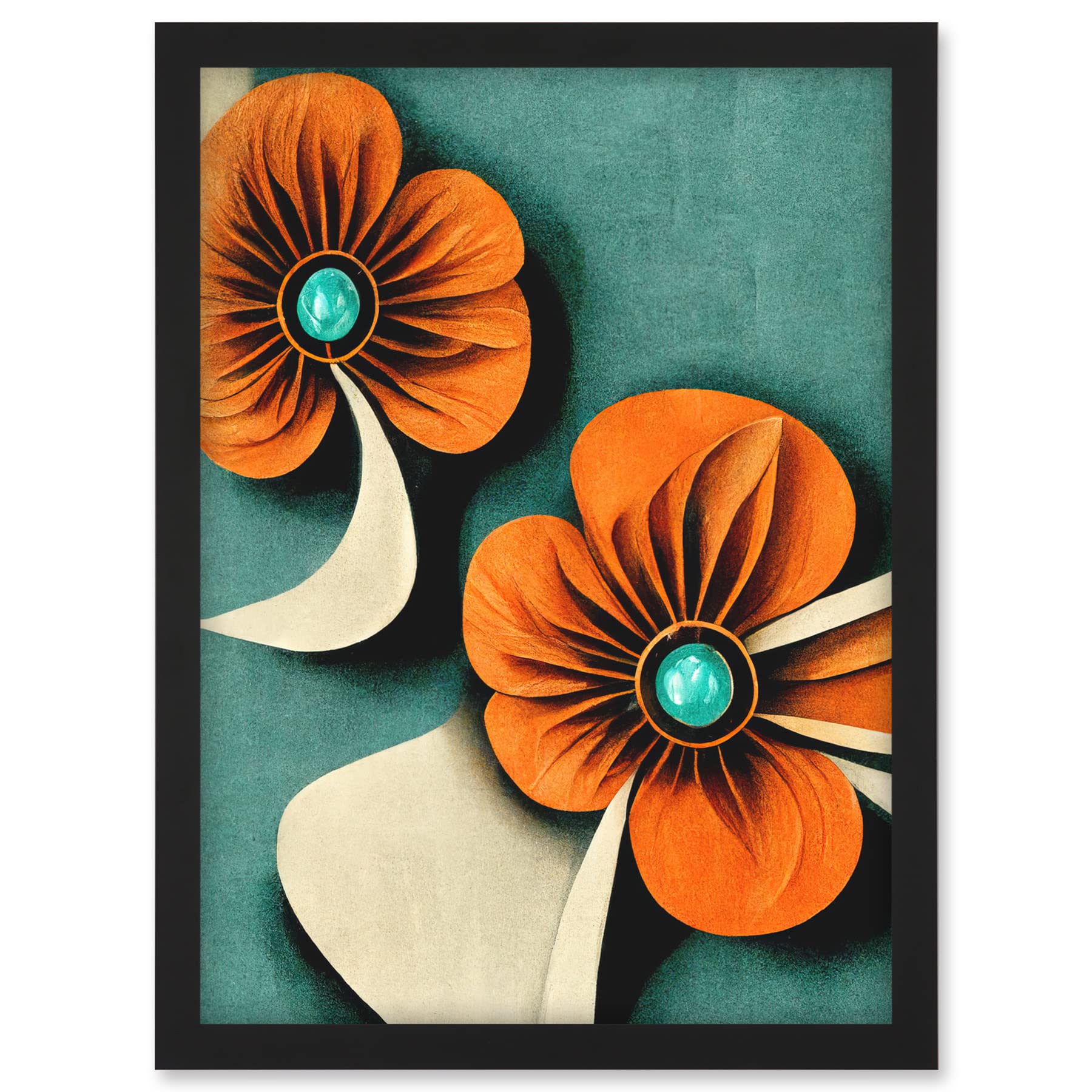 Doppelganger33 LTD Abstract Papercut Orange And Cream Flowers On Teal Artwork Framed A3 Wall Art Print