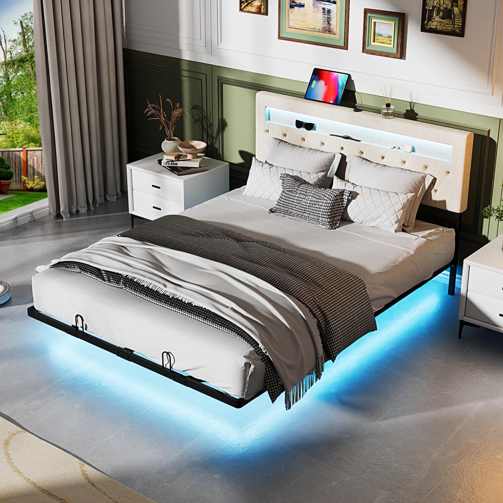 Bonnlo Struttura Letto Matrimoniale con LED e Ricarica, Letto Matrimoniale con Rete Doghe, Effetto Lino (senza materasso) (Beige, 160x200cm)