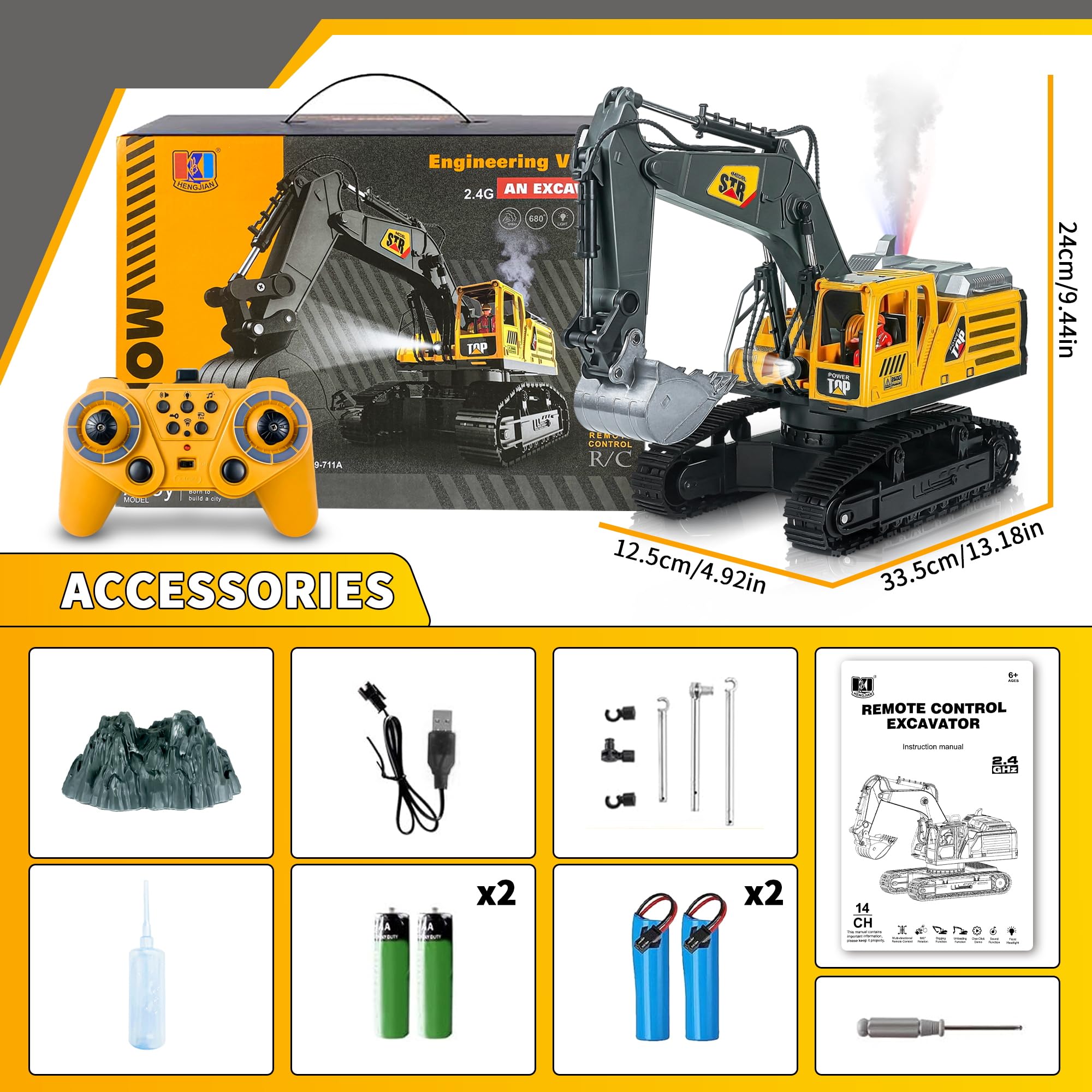 Juguete de excavadora teledirigida para niños, 14 canales, 2,4 GHz, excavadora RC, pala de metal con tono de luz de aerosol, juguete Rc BAU rotación de 680 ° para regalo para niños