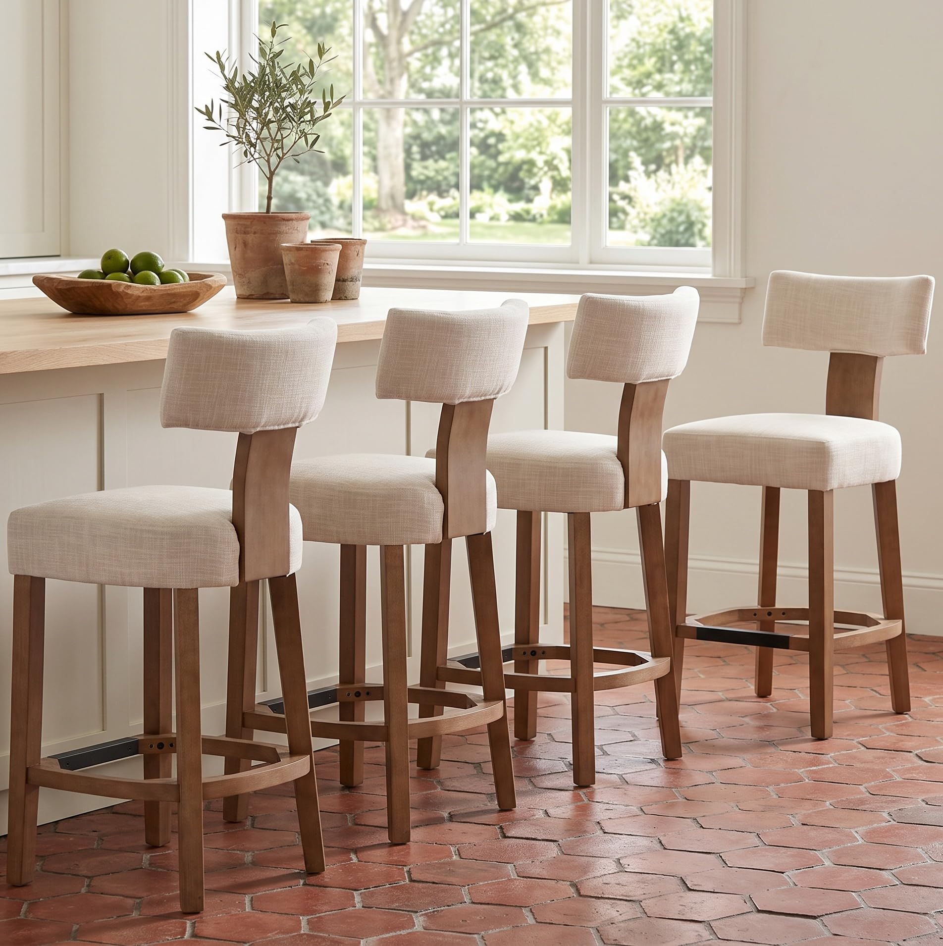 RIVOVA 26” Bar Stools Set of 4 Counter Height Bar Stool, Modern Kitchen Barstools with Back and Wood Legs, Farmhouse Upholstered Island Stools Countertop Bar Chairs, Beige