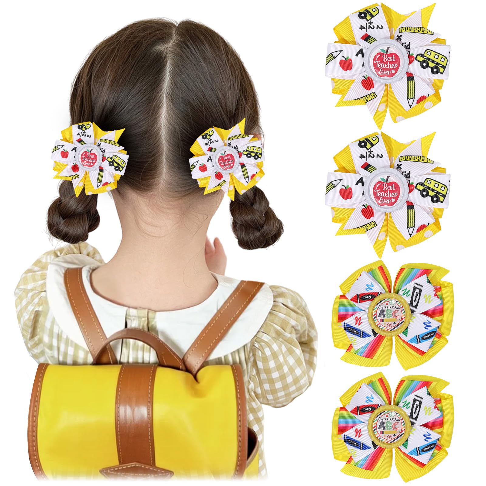 VOLEPET Back to School Bow Hair Clips Hair Bows for Girls Cute Yellow Clips Hair Bow Barrette Ribbon Snap Hairpin Handmade...