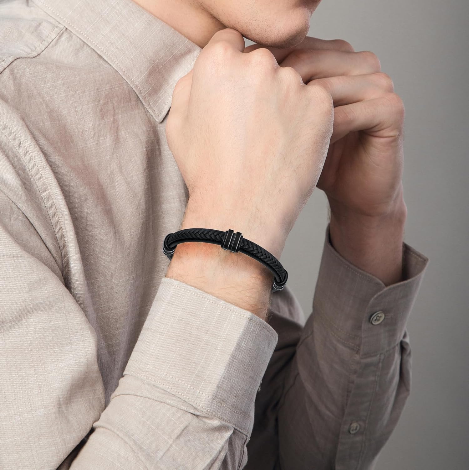 Leather Bracelet for Men with Adjustable Stainless Steel Magnetic Clasp Multi-Layer Braided Mens Leather Bracelet - Image 5