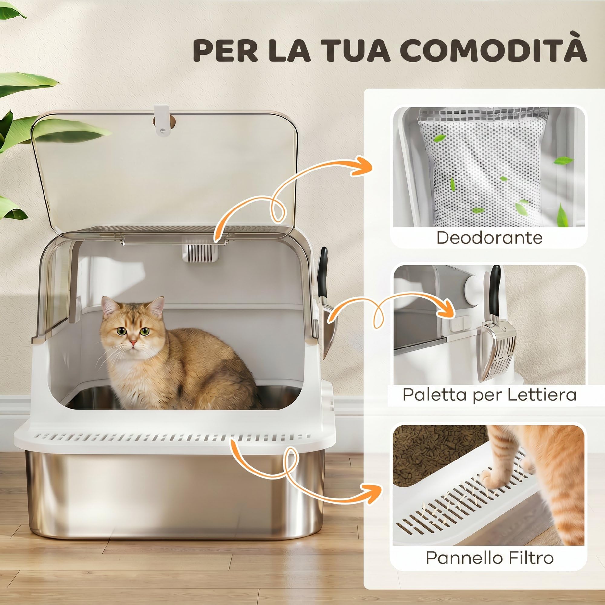 PawHut Lettiera per Gatti Chiusa XXL 20 kg Apribile 90° 70x50x46.5cm Bianco | Coperchio in Acciaio Inox, Doppie Porte, Paletta, Deodorante
