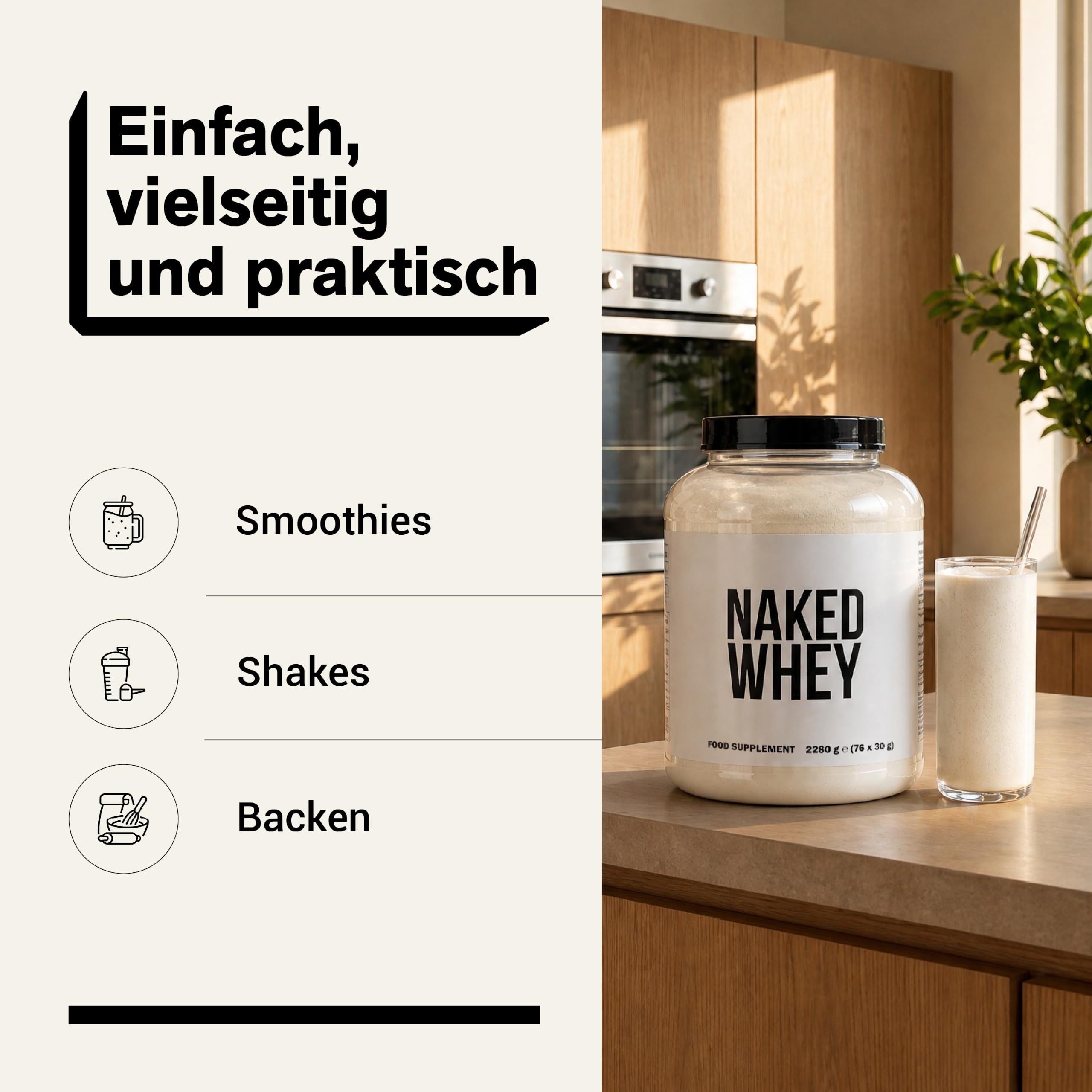 Naked Whey Protein Pulver (Eiweißpulver), Nur 1 Zutat, Grass Fed, Glutenfrei, Sojafrei, GMO-frei, 25g Protein und 6g BCAAs pro Messlöffel, Geschmacksneutral, 76 Portionen, 2280g