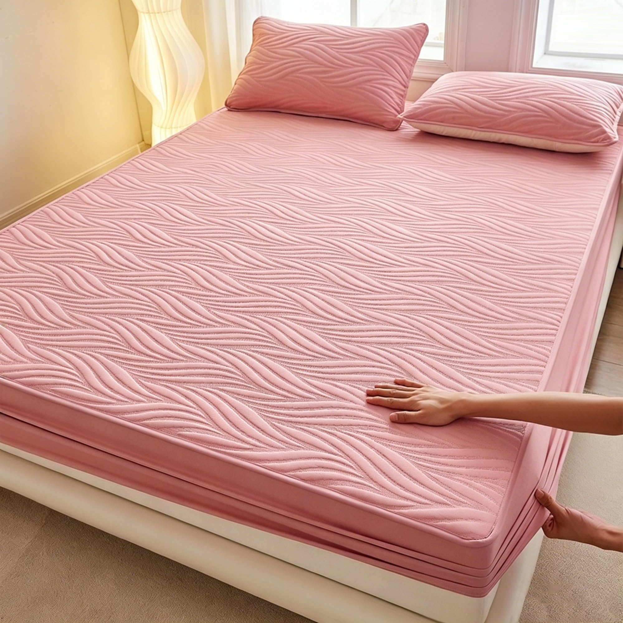 Wfxxzl Pink Waterproof Mattress Protector – Encasement Bed Cover, Five-Sided Mattress Cover For Bed, Noiseless Breathable Machine Washable(,California King)