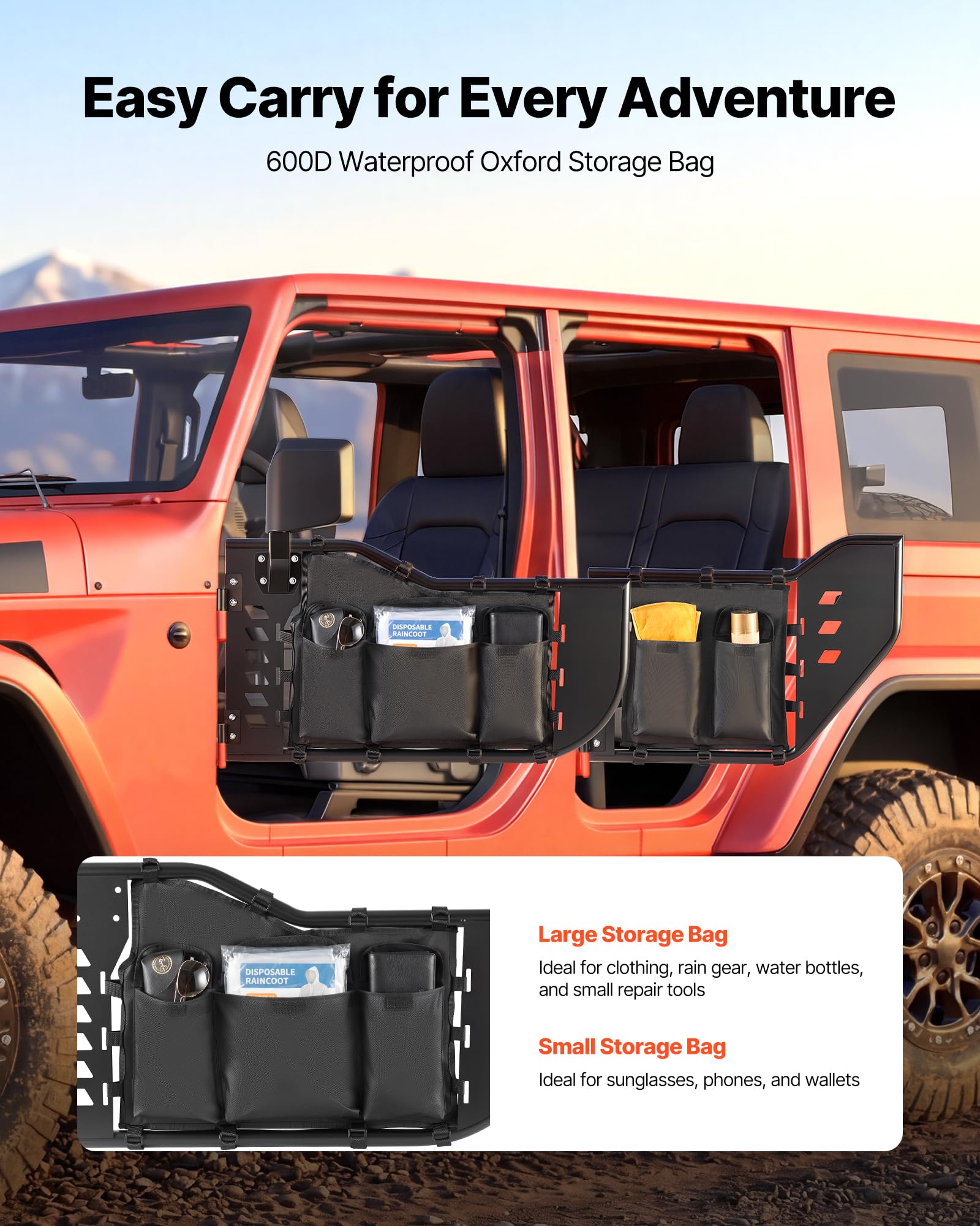 VEVOR Demi-Portes Tubulaires pour Jeep, Kit de 4 Portes avec Rétroviseurs, Compatible avec Jeep Wrangler JL 2018-2026 et Gladiator JT 2020-2026, Portières pour Tout-Terrain avec Poches de Rangement