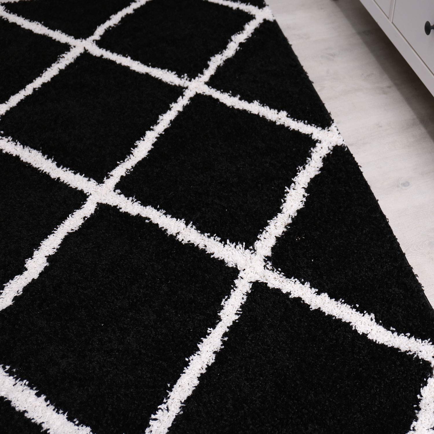 Moderno tappeto Shaggy a pelo lungo, design a rombi in crema, beige, grigio, nero, colore: nero, dimensioni: 120 x 170 cm