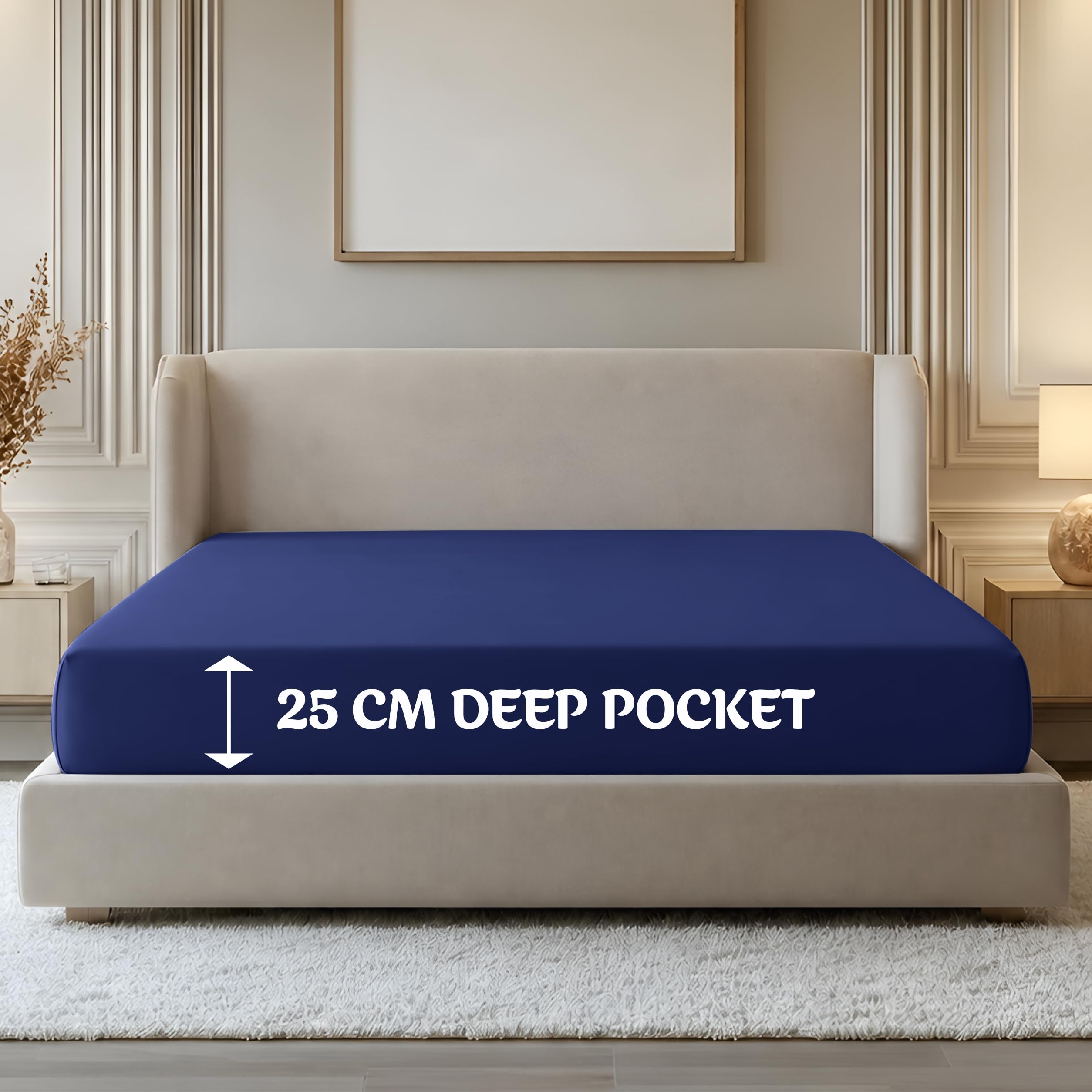 Oxford Homeware Navy Double Fitted Sheet -100% Brushed Microfibre 1800 Easy Care 25 cm Deep Double Bed Sheets - Shrinkage and Fade Resistance