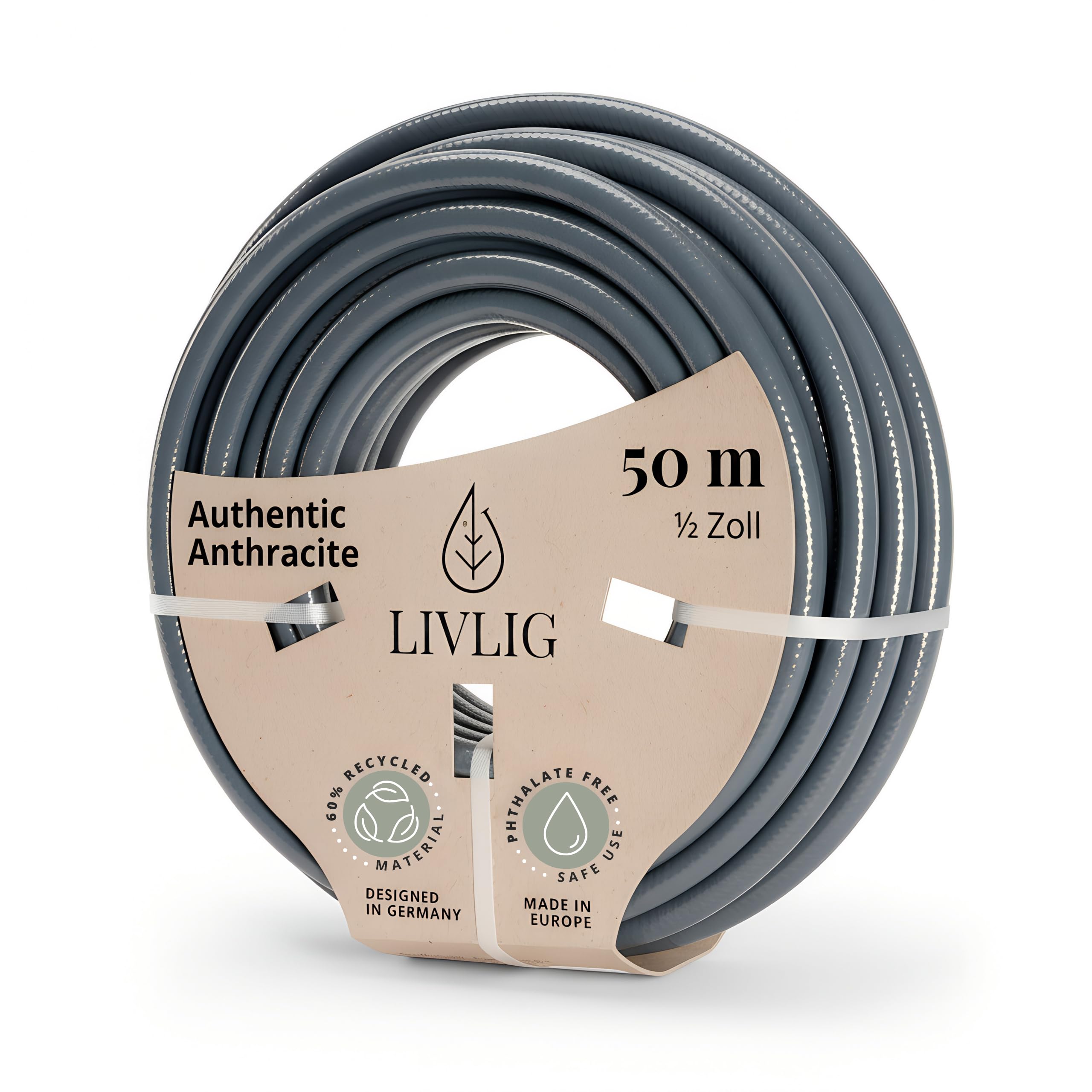 LIVLIG Tuyau d'Arrosage 50m Design – Tuyau Arrosage Flexible, 60% Recyclé, UV Résistant, Anti-Torsion, 1/2 Pouce, Anthracite