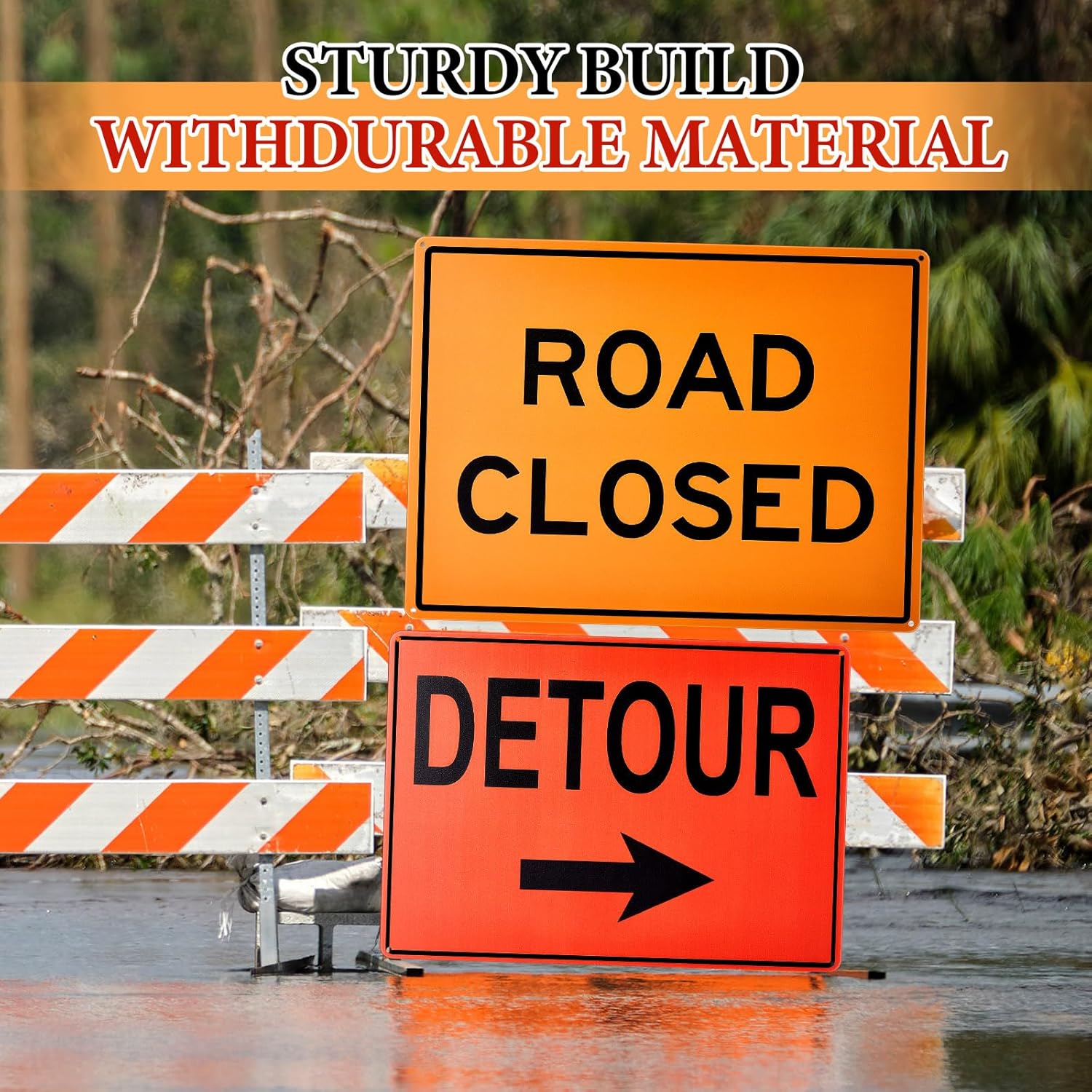 Marsui 3 Pcs Road Sign Kit Include 10” x 14” Right and Left Arrow Detour 12” x 16” Road Closed Sign for Construction Area Caution Danger Safety Security Warning Notice Traffic and Parking