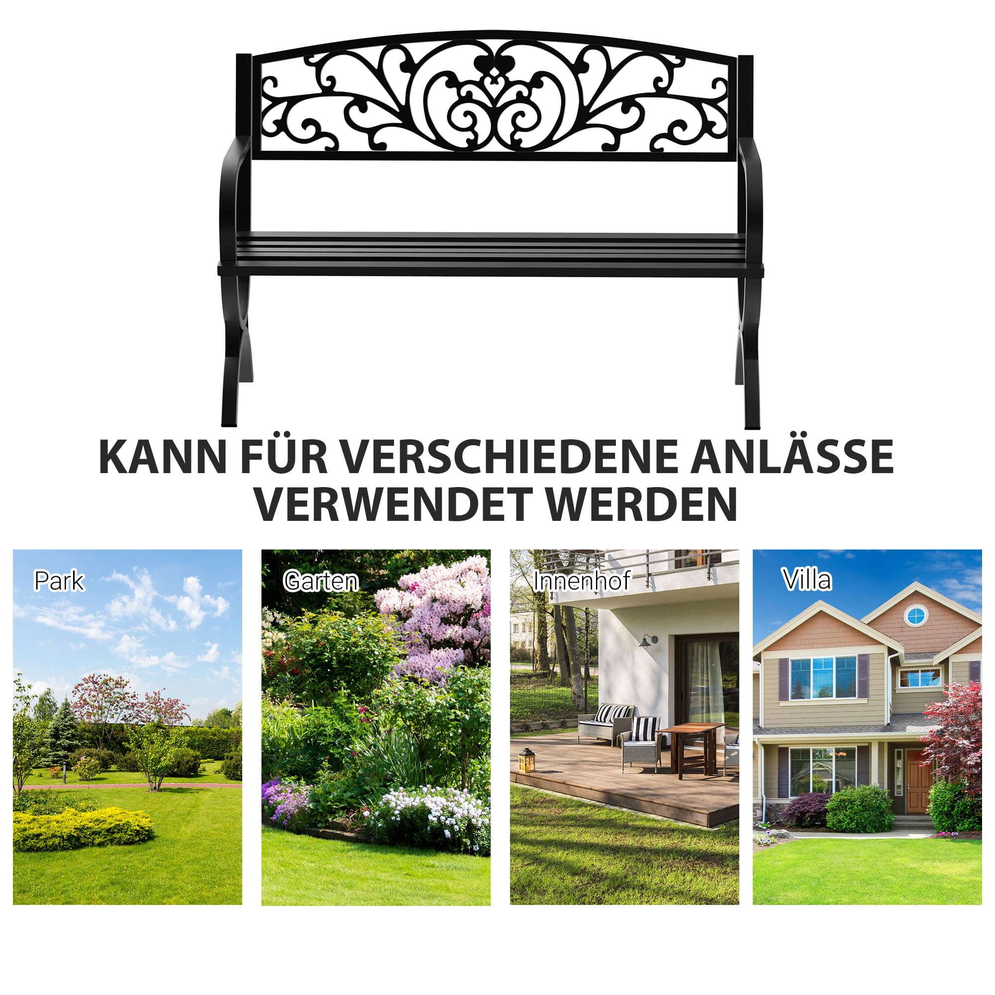 Outsunny 2-Sitzer Metall Gartenbank bis 240kg Bank 127x60x85 cm Schwarz