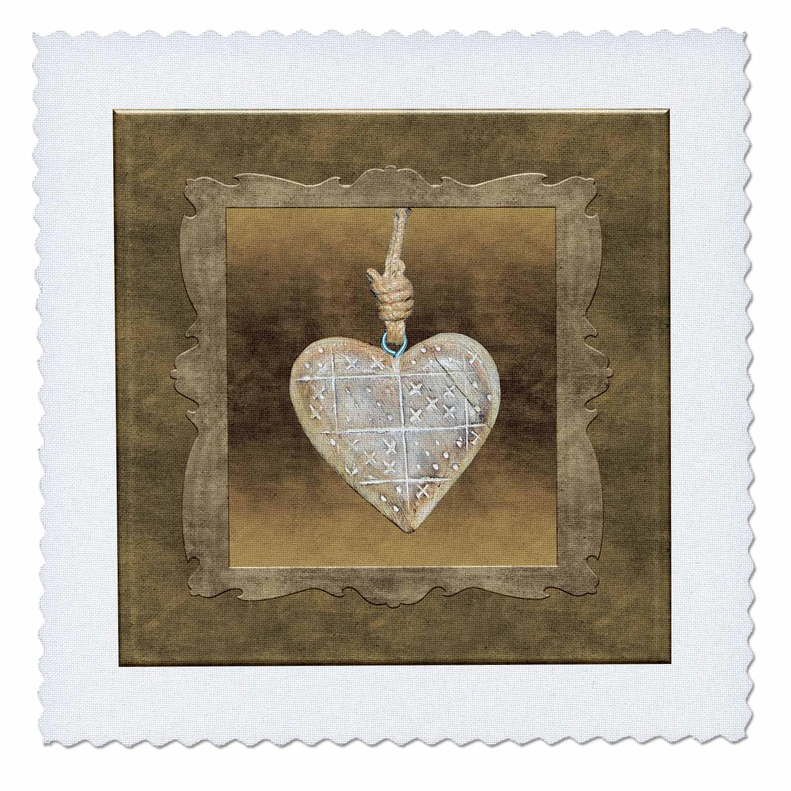 25x25 inch Quilt Square - Wooden Heart on Rope, Framed, Gold Background Heart Design