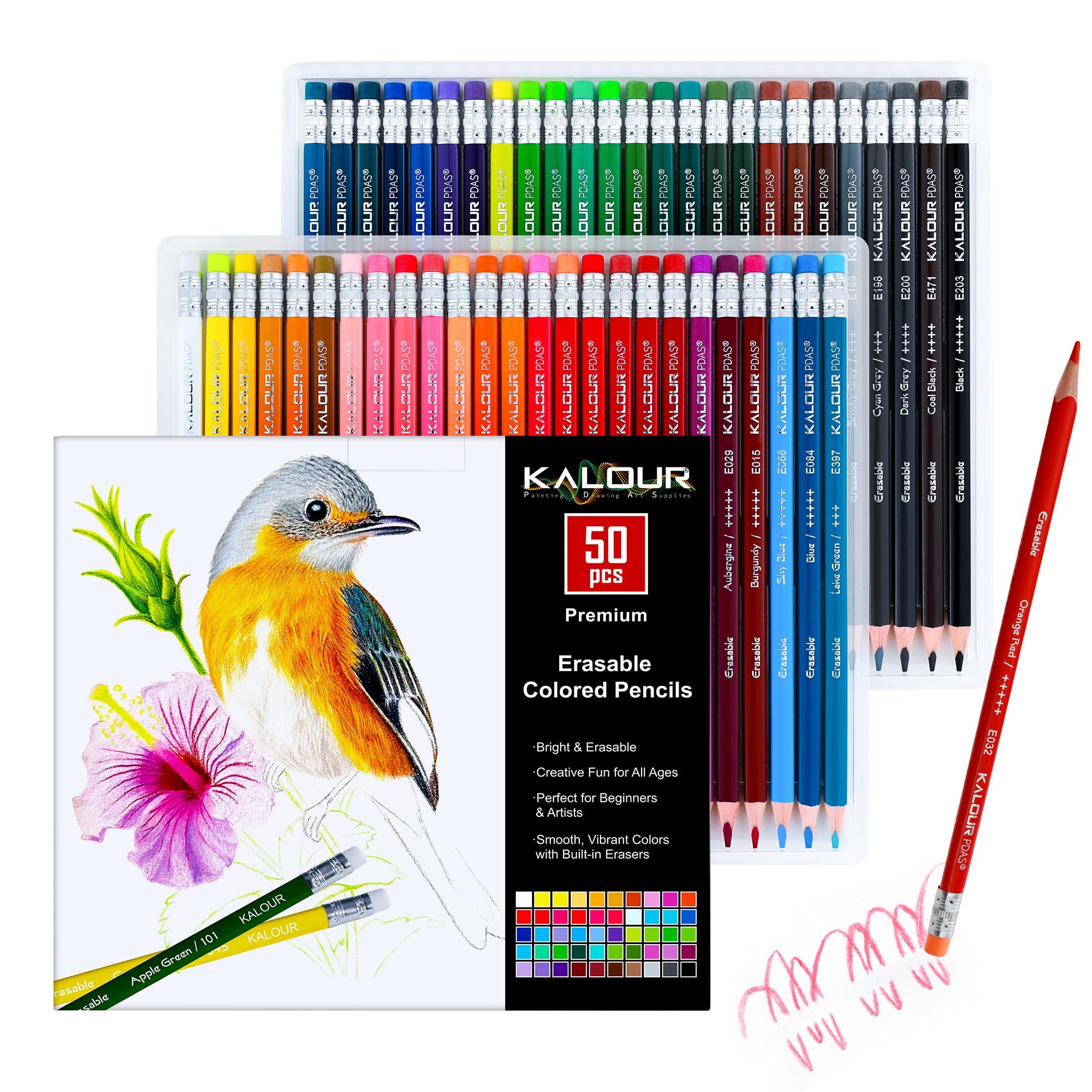 KALOUR 50 Colors Erasable Colored Pencils Set - Easy to Erase, Vibrant and Smooth Coloring Pencils with Erasers - Ideal for Drawing, Sketching, and Coloring Books -Perfect for Adults Beginners Artists