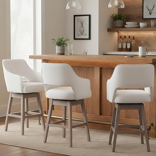 Miniatura 11 de Juego de 2 taburetes de bar giratorios de 360°, taburetes de bar de altura de mostrador de granja con respaldo y patas de madera, taburete tapizado