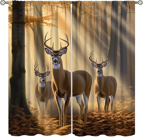 AAVEUP Fall Deer Curtain, Vintage Country Scenery Forest Misty Hunting Wild Elk 