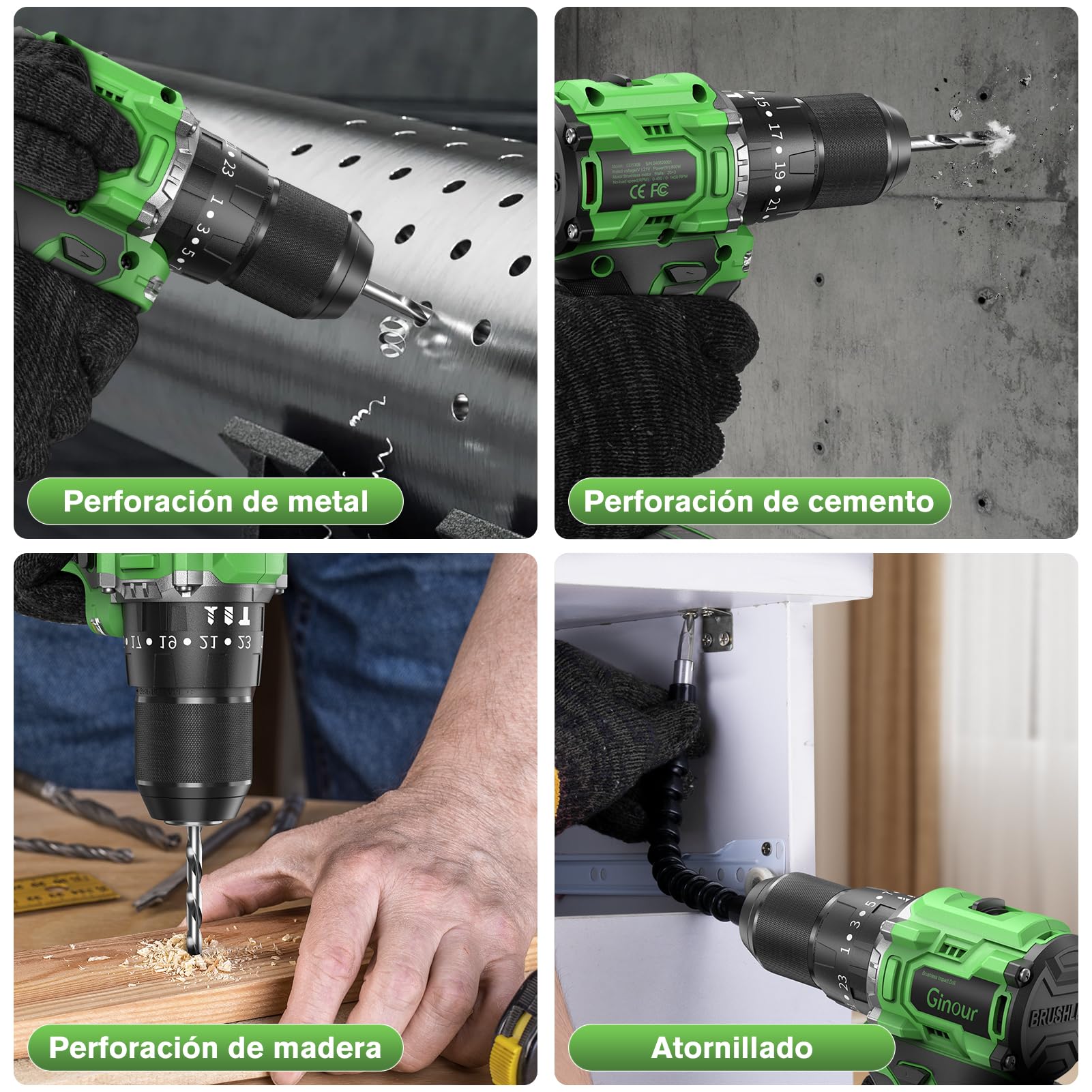 Ginour Taladro Percutor a Bateria sin escobillas 50Nm, 21V Atornillador | con 1x2Ah Baterías compatible con Makita 18V, 23+3 Par, 2 Velocidad Destornillador Electrico con función impacto
