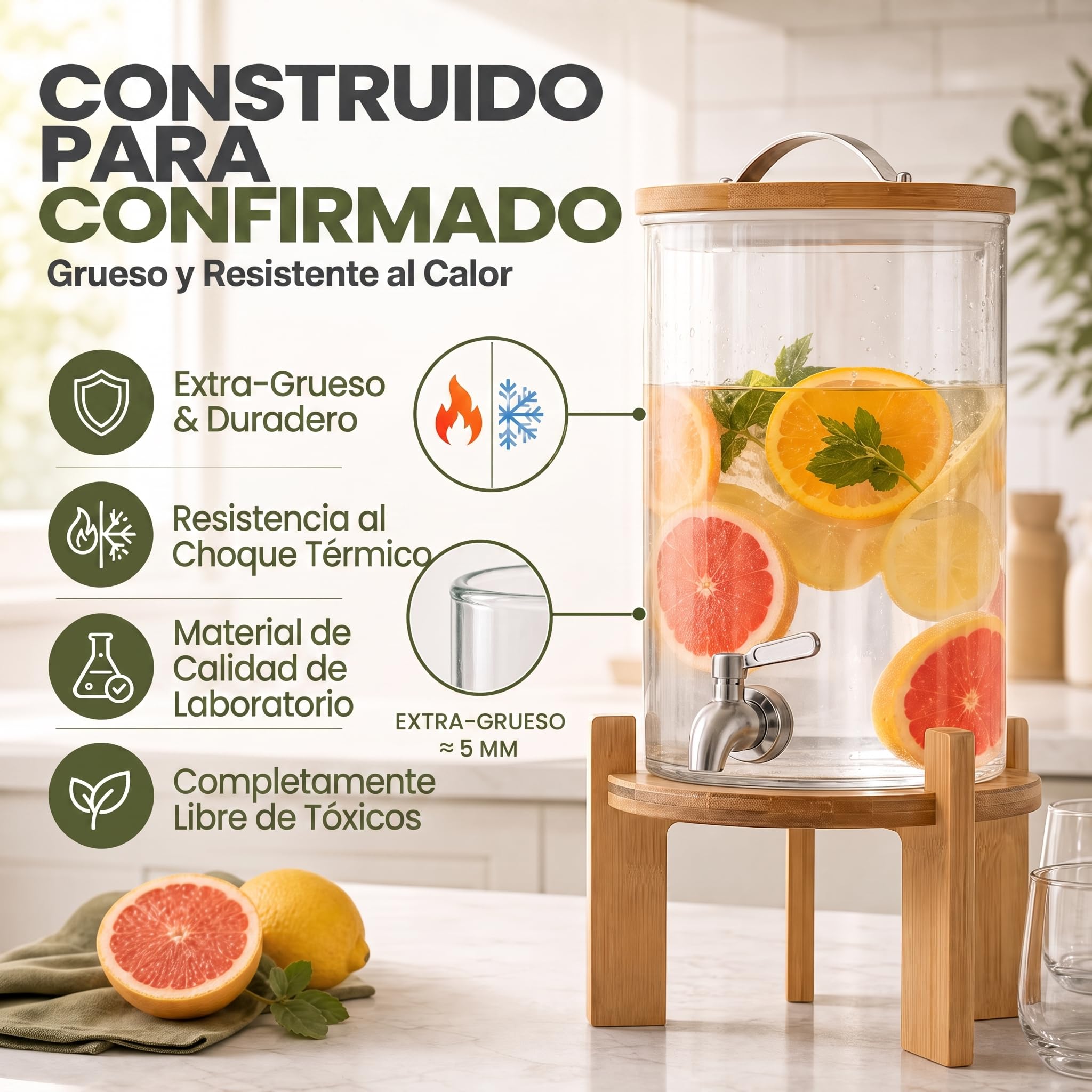 DIMONO® Dispensador de Bebidas de Vidrio con Grifo, 8 L | Vidrio borosilicato resistente al calor - grifo antigoteo de acero inoxidable - soporte y tapa de bambú