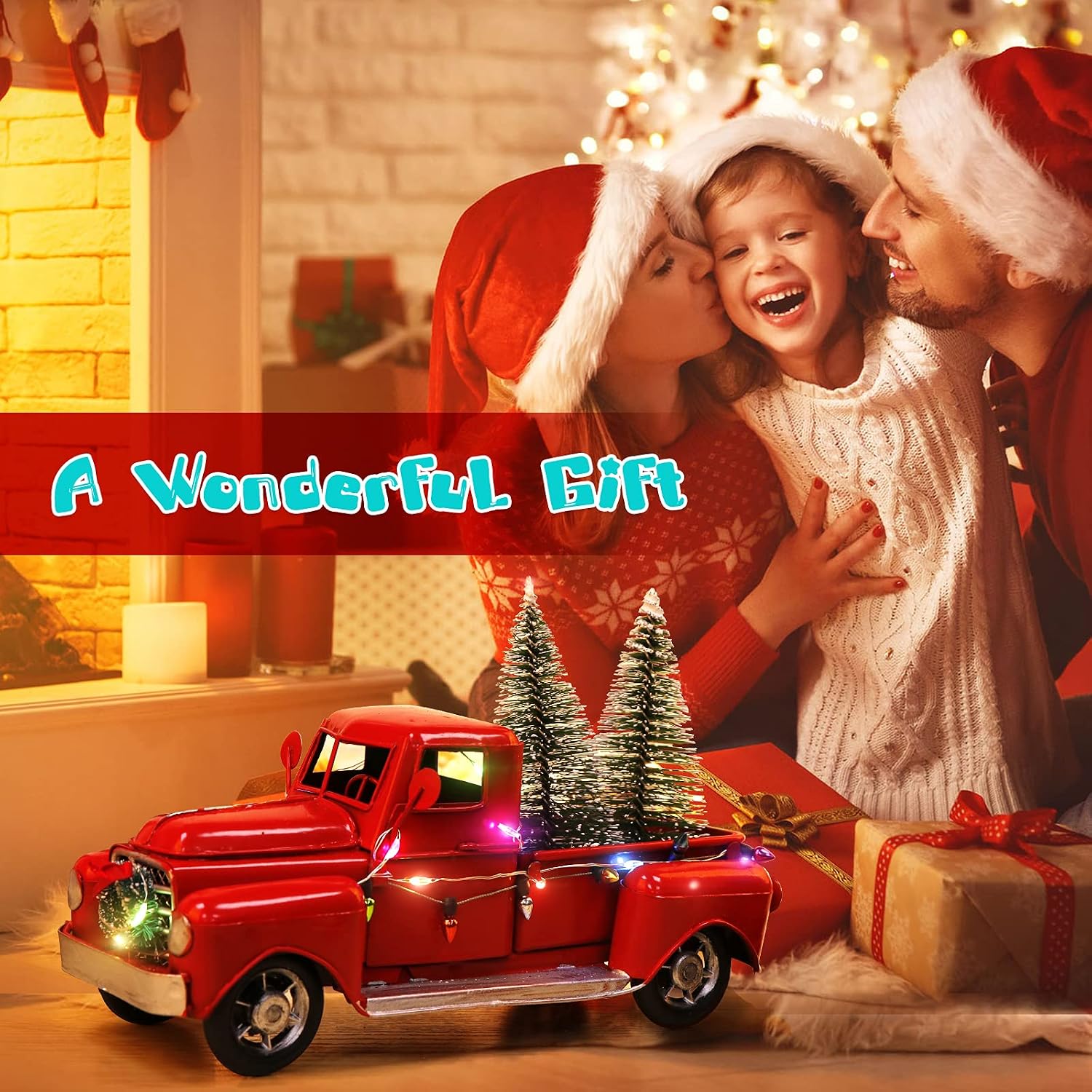 AerWo Little Red Truck Christmas Decor with 2 Mini Trees and LED String Lights - Metal Pickup Truck Car Model for Table Top Decor