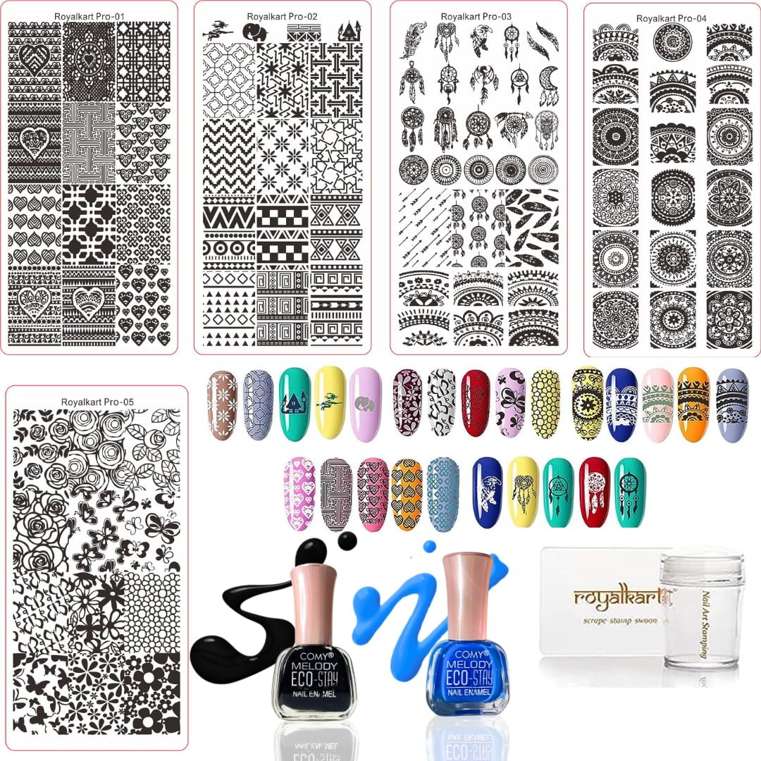 RoyalkartNail Art Stamping Kit with 5 Rectangular Stamping Image Plates, Silicone Stamper & Scraper and Free 2 PCs Nail Polish (Pro Series)